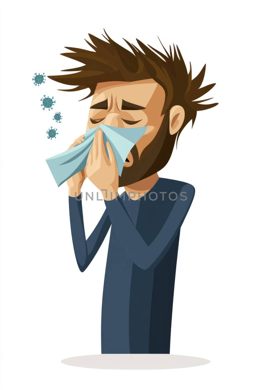 Cold symptoms display: sick individual, tissue use, virus prevention, protective mask, sneezing action, illness indication, respiratory care, germ spread, personal hygiene focus, seasonal ailment
