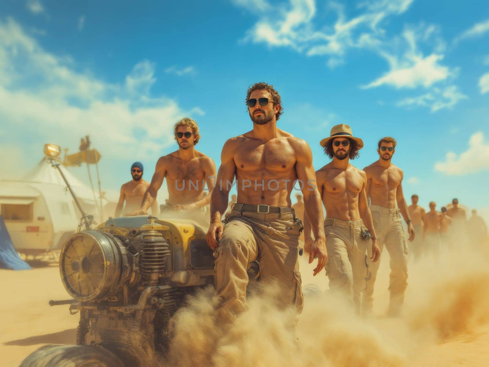 Group of shirtless muscular men walking in the desert followed by a custom off-road vehicle leaving a trail of dust. Ai generated
