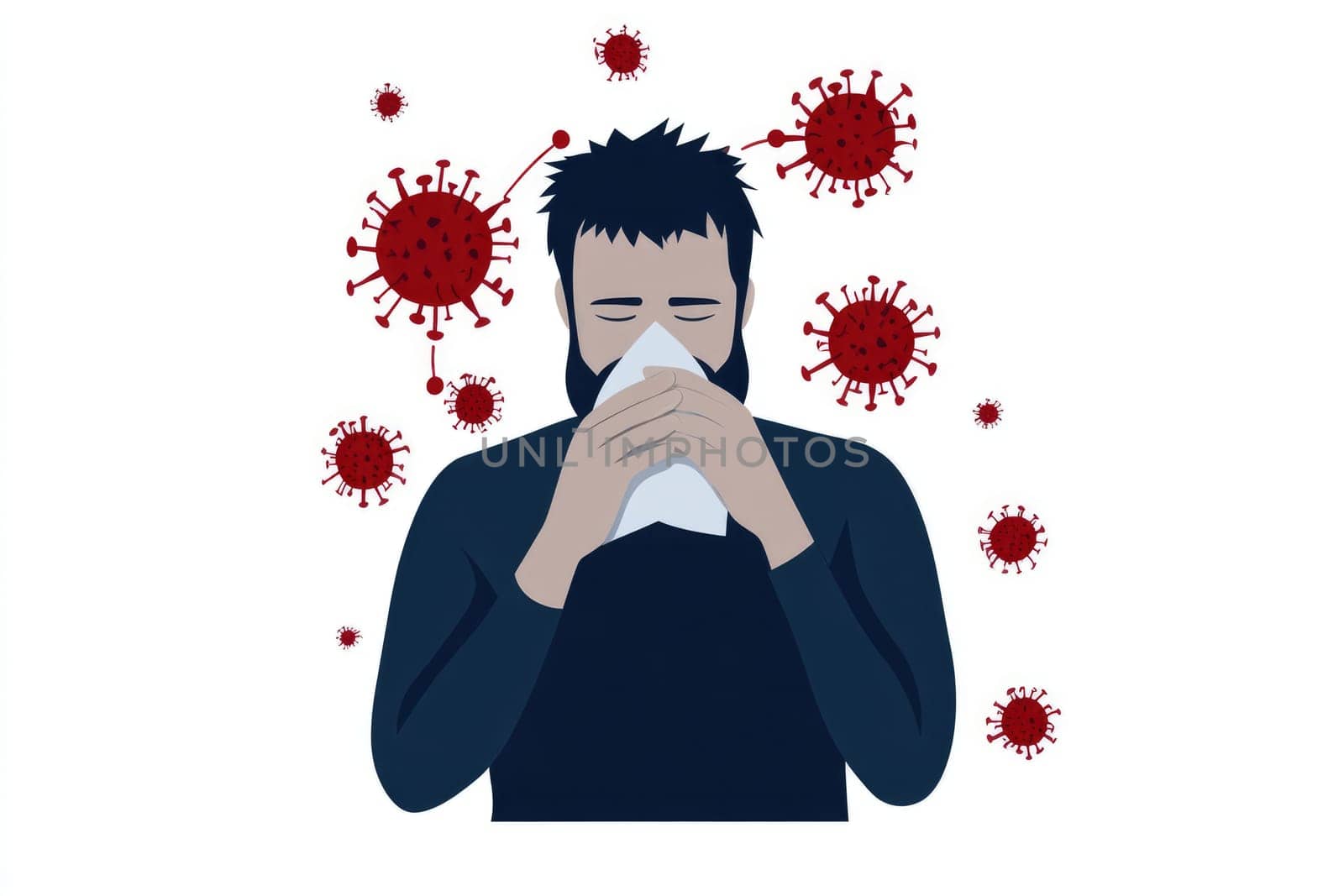 Cold symptoms display: sick individual, tissue use, virus prevention, protective mask, sneezing action, illness indication, respiratory care, germ spread, personal hygiene focus, seasonal ailment