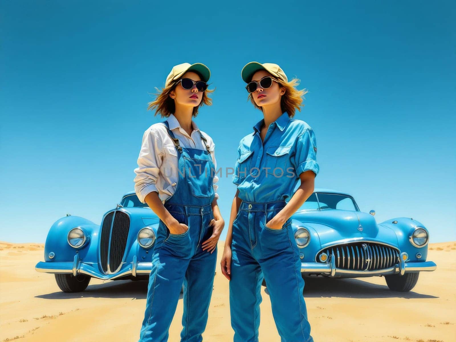 Two female mechanics with matching outfits and sunglasses standing with hands in pockets in front of a classic car on a sunny desert. Ai generated
