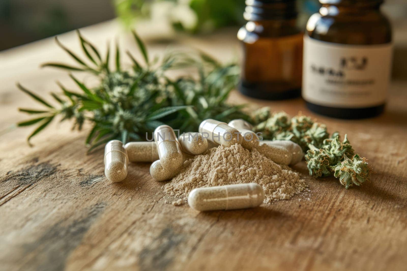 A set of open capsules spilling powdered cannabis extract onto wooden table, surrounded by hemp leaves and small bottles of oil minimalist setting