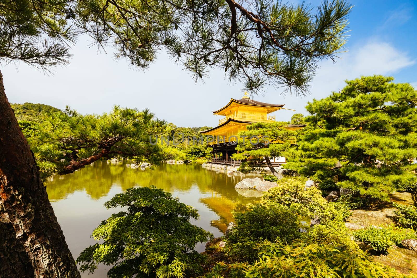 The world famous Kinkakuji Temple (The Golden Pavilion) in Kyoto, Japan on a warm autumn morning
