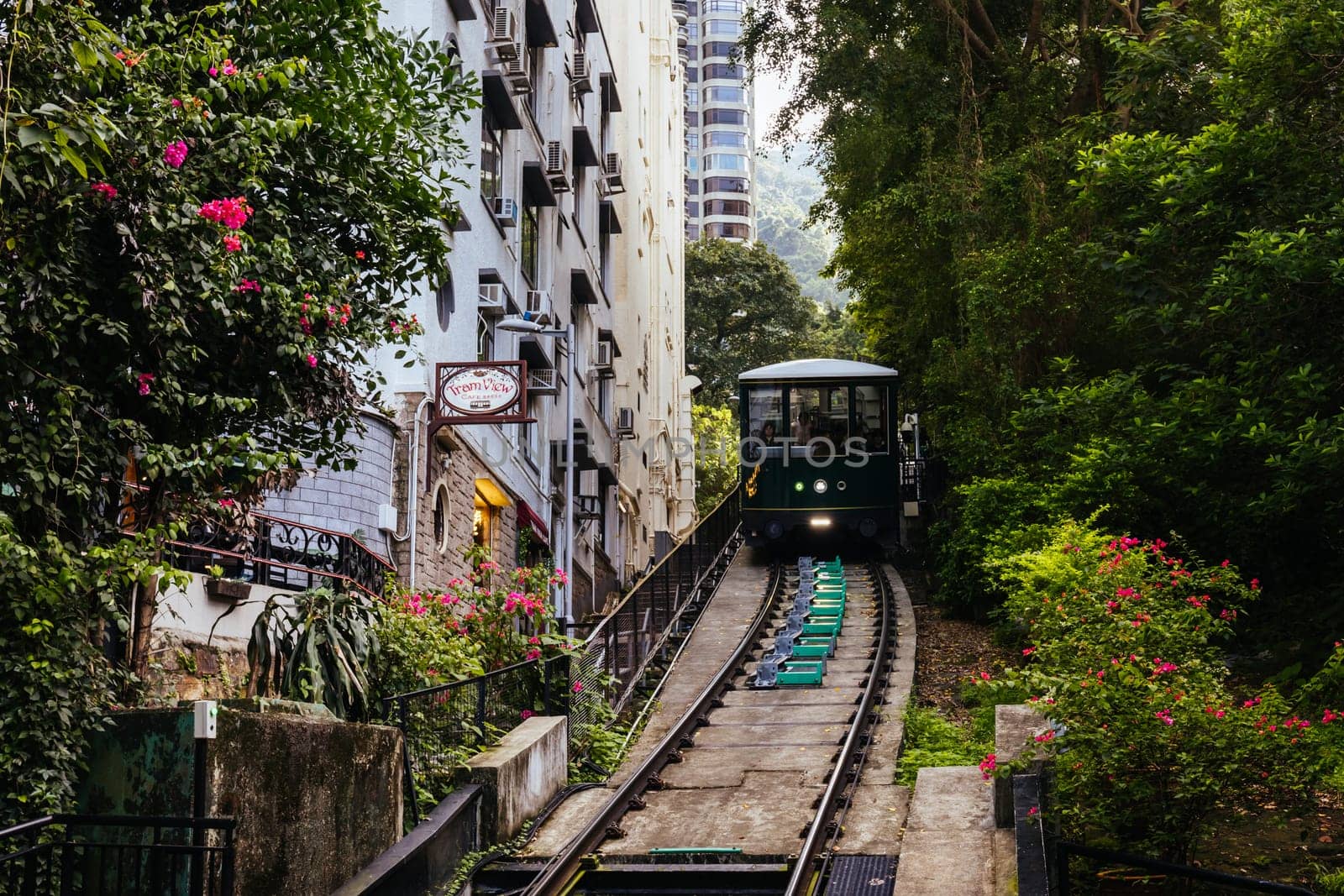 HONG KONG, CHINA - SEPTEMBER 29, 2024: The famous and popular Peak Tram as it ascends Victoria Peak in Hong Kong, China