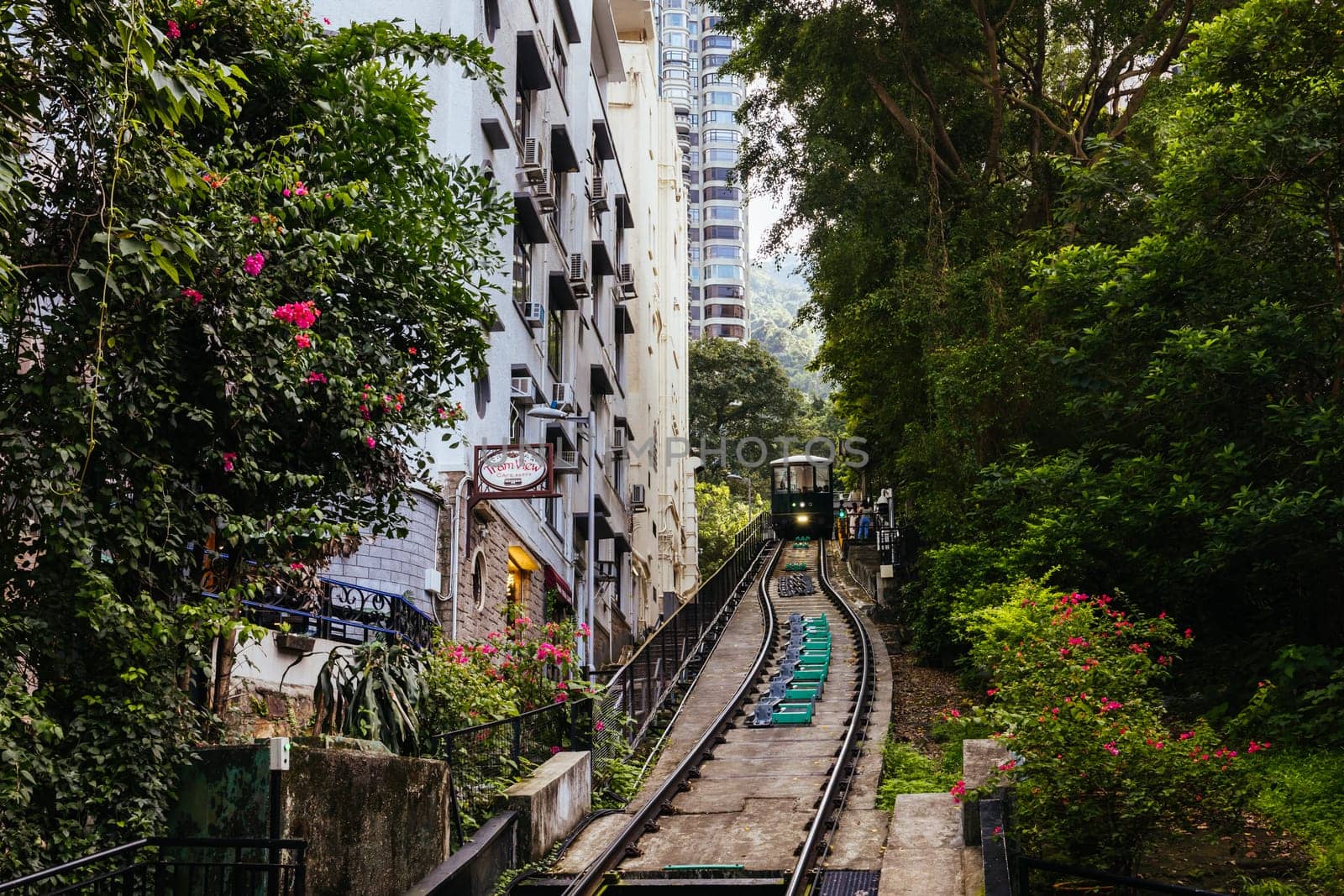 HONG KONG, CHINA - SEPTEMBER 29, 2024: The famous and popular Peak Tram as it ascends Victoria Peak in Hong Kong, China