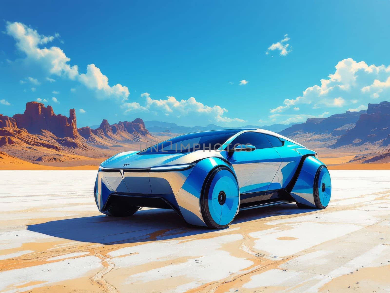 Futuristic blue and white electric car gliding across the expansive salt flat in Monument Valley, surrounded by stunning desert landscapes. Ai generated