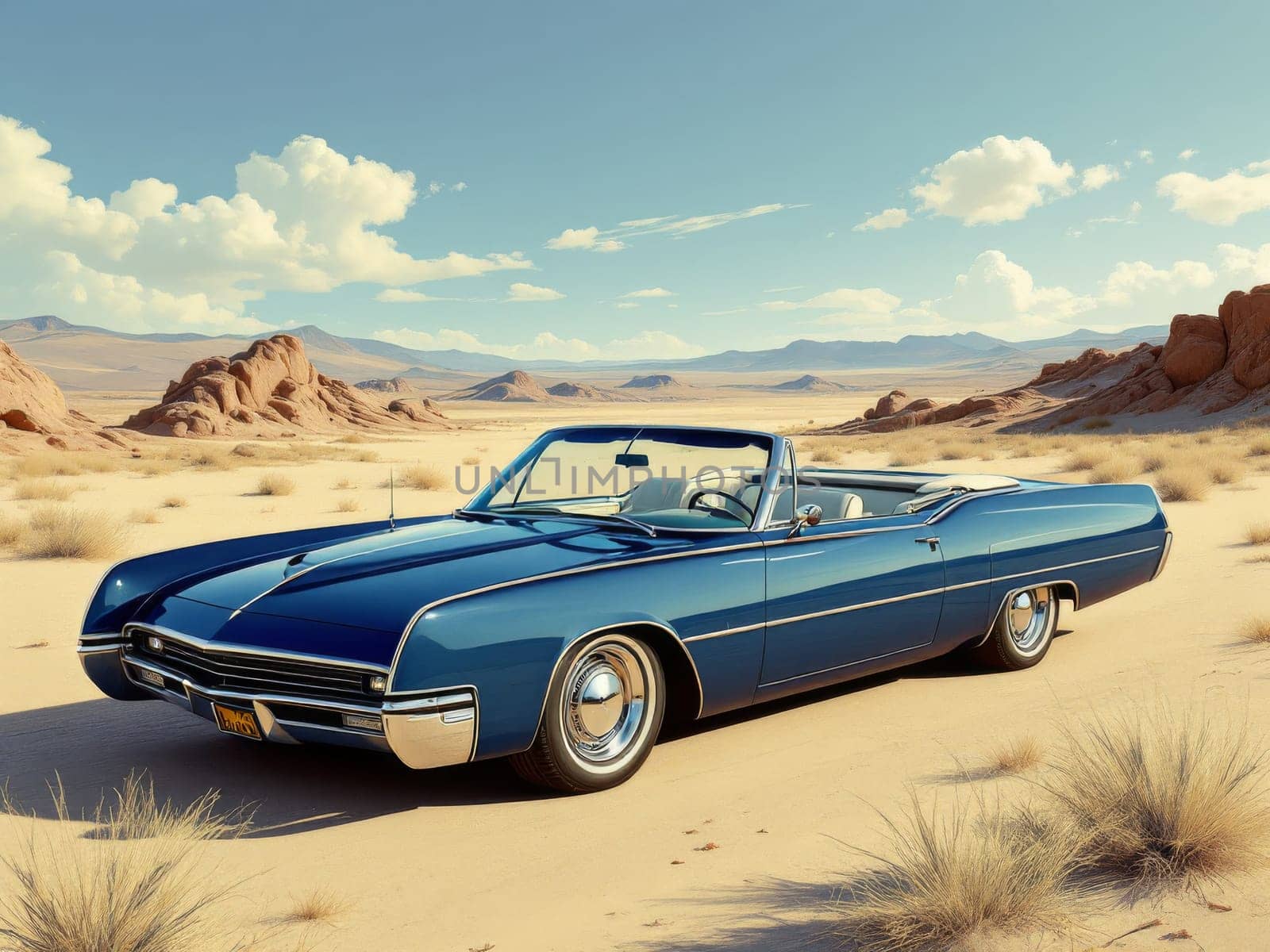 Vintage blue convertible car parked on the sand in a sunny desert landscape with rock formations. Ai generated