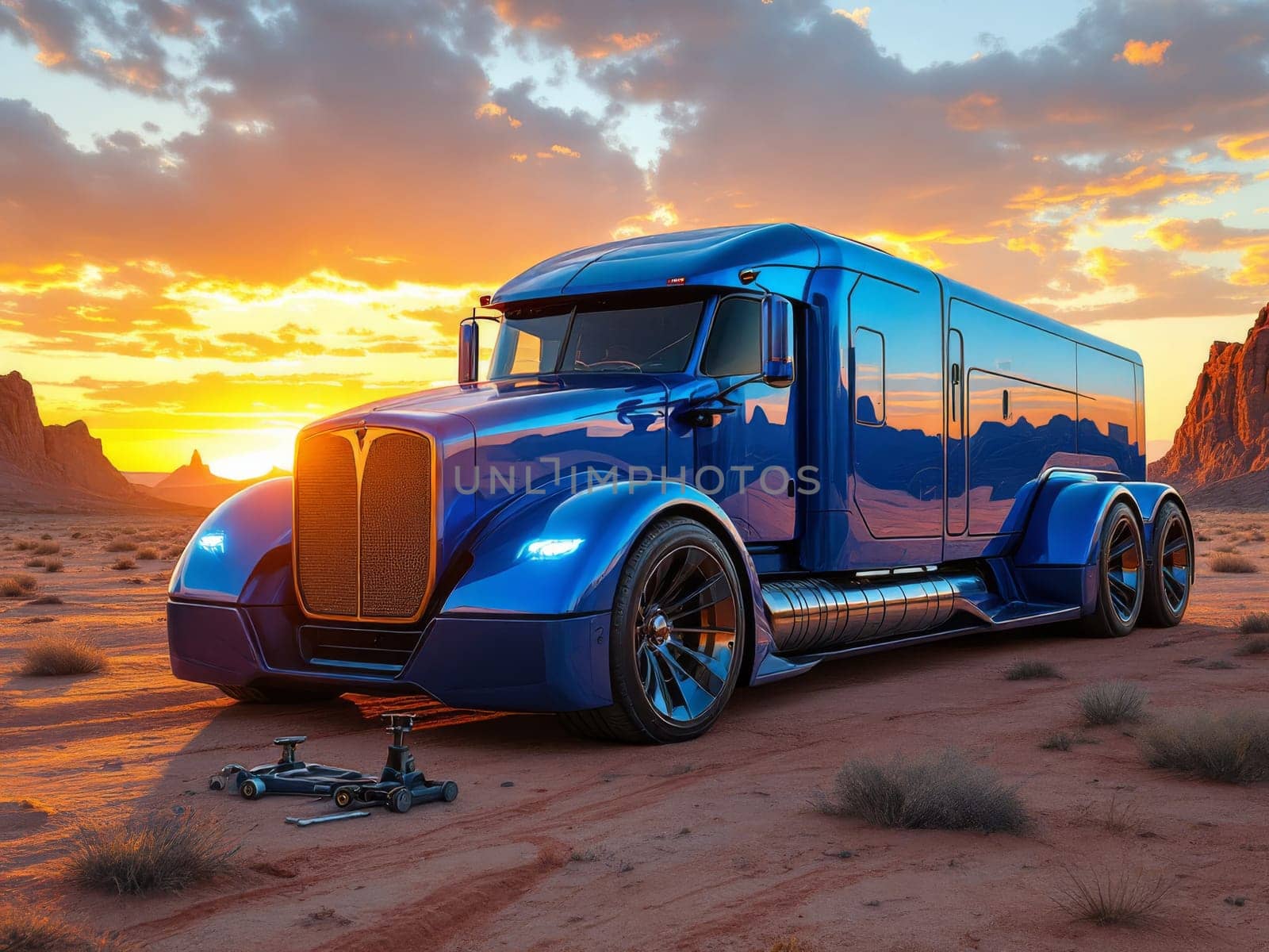 Futuristic, customized blue semi-truck parked in a desert landscape of Monument Valley with a beautiful sunset in the background. Ai generated