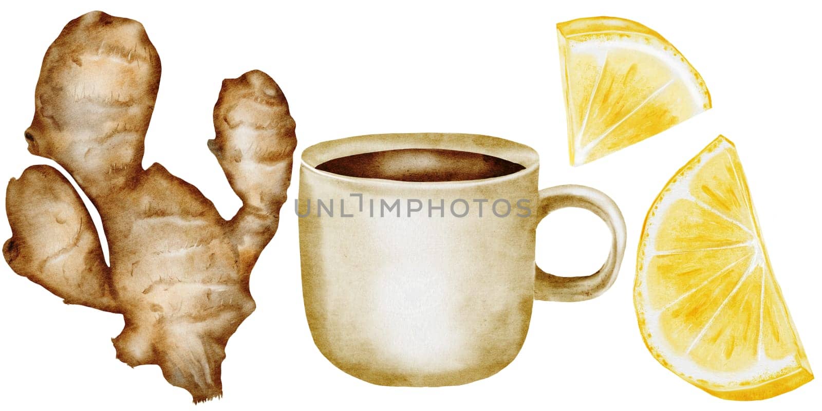 Ginger, lemon and tea set watercolor. Hand drawn medicinal products. Medical clip art. Ideal for packaging natural drink, cosmetics and design of nutritionist blogs. High quality illustration