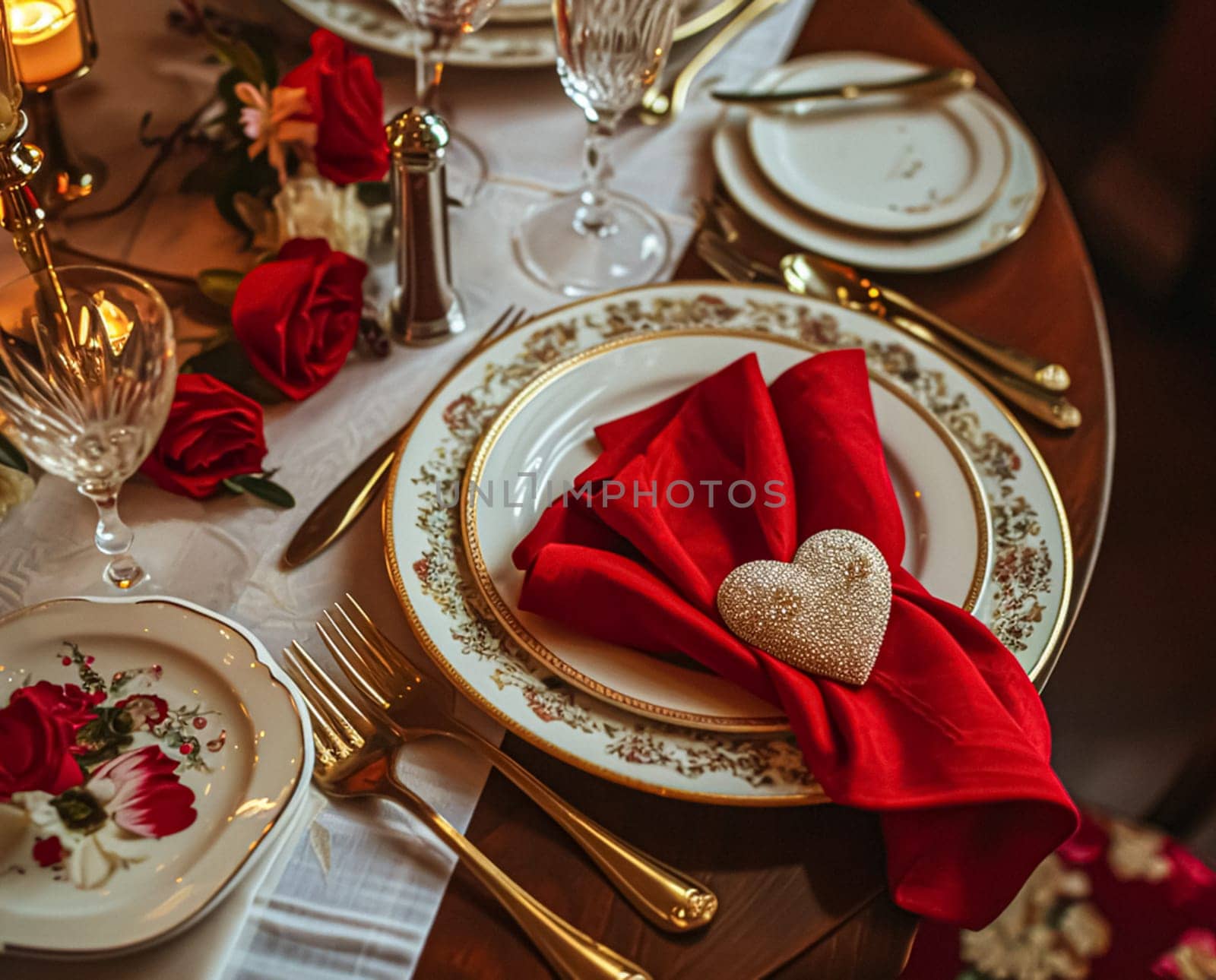Festive table setting with candles and arrangement of beautiful red flowers. Holiday concept. High quality photo