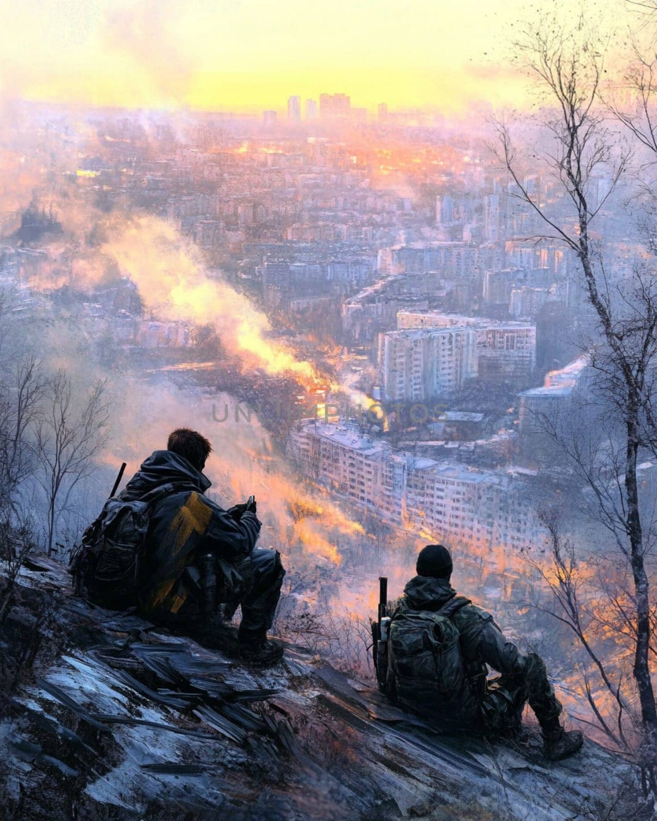 Two young survivors armed with a rifle perch on rubble in a desolate wasteland, gazing at a ruined city in the distance, embodying resilience and hope in a dark world