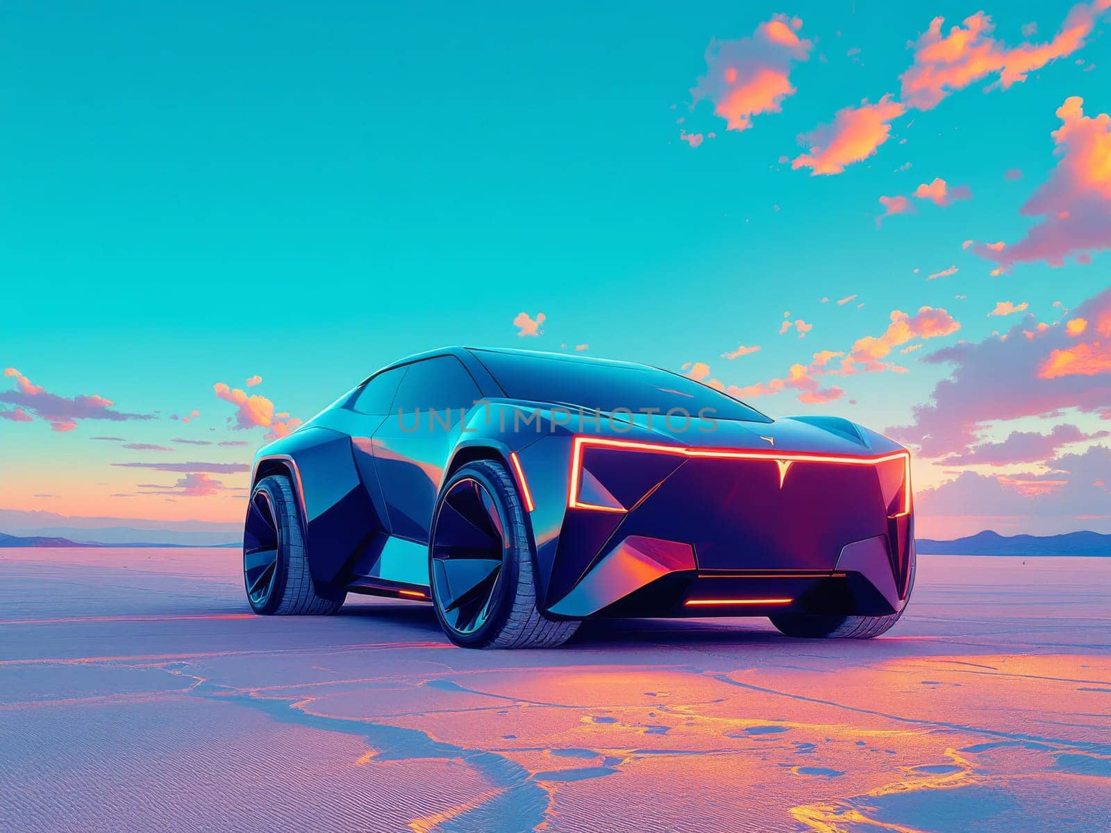 Autonomous electric car standing on Bonneville Salt Flats at sunset, showcasing innovative design and sustainable transportation. Ai generated