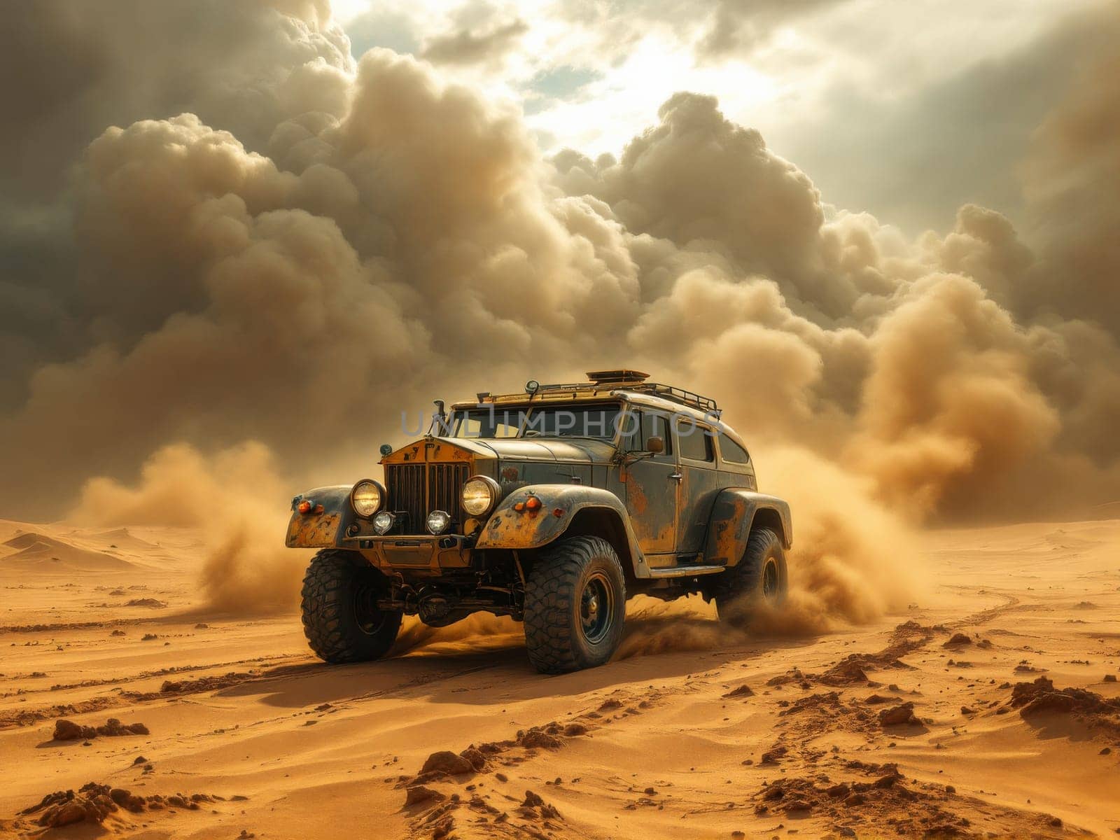 Off-road vehicle navigating through sandy terrain beneath a dramatic, dark sky, sending up clouds of dust in a thrilling display of power and speed. Ai generated