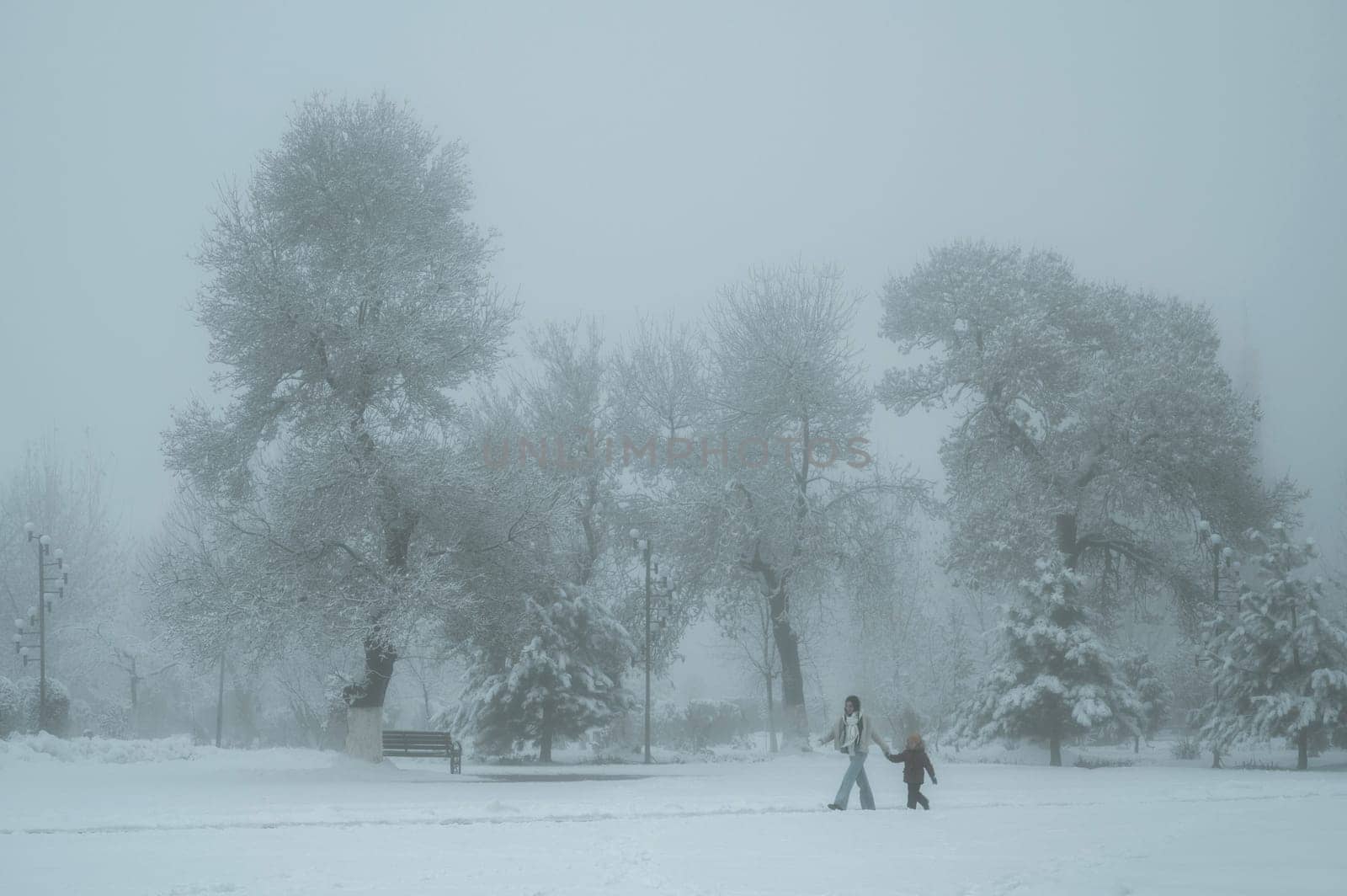 woman mother and a child son walk through the Independence Park in Shymkent in Kazakhstan in winter with snow and fog