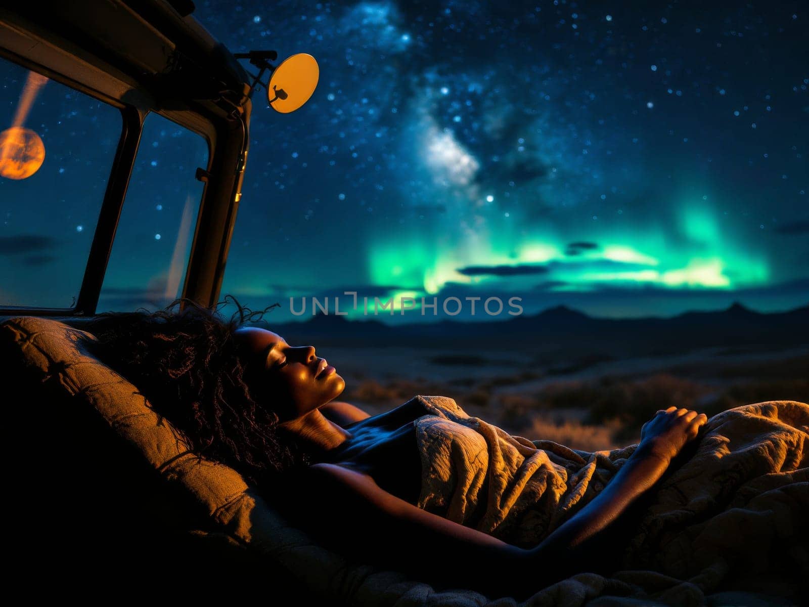 Young woman sleeping in the back of a car, enjoying the view of the milky way and aurora borealis in the night sky. Ai generated