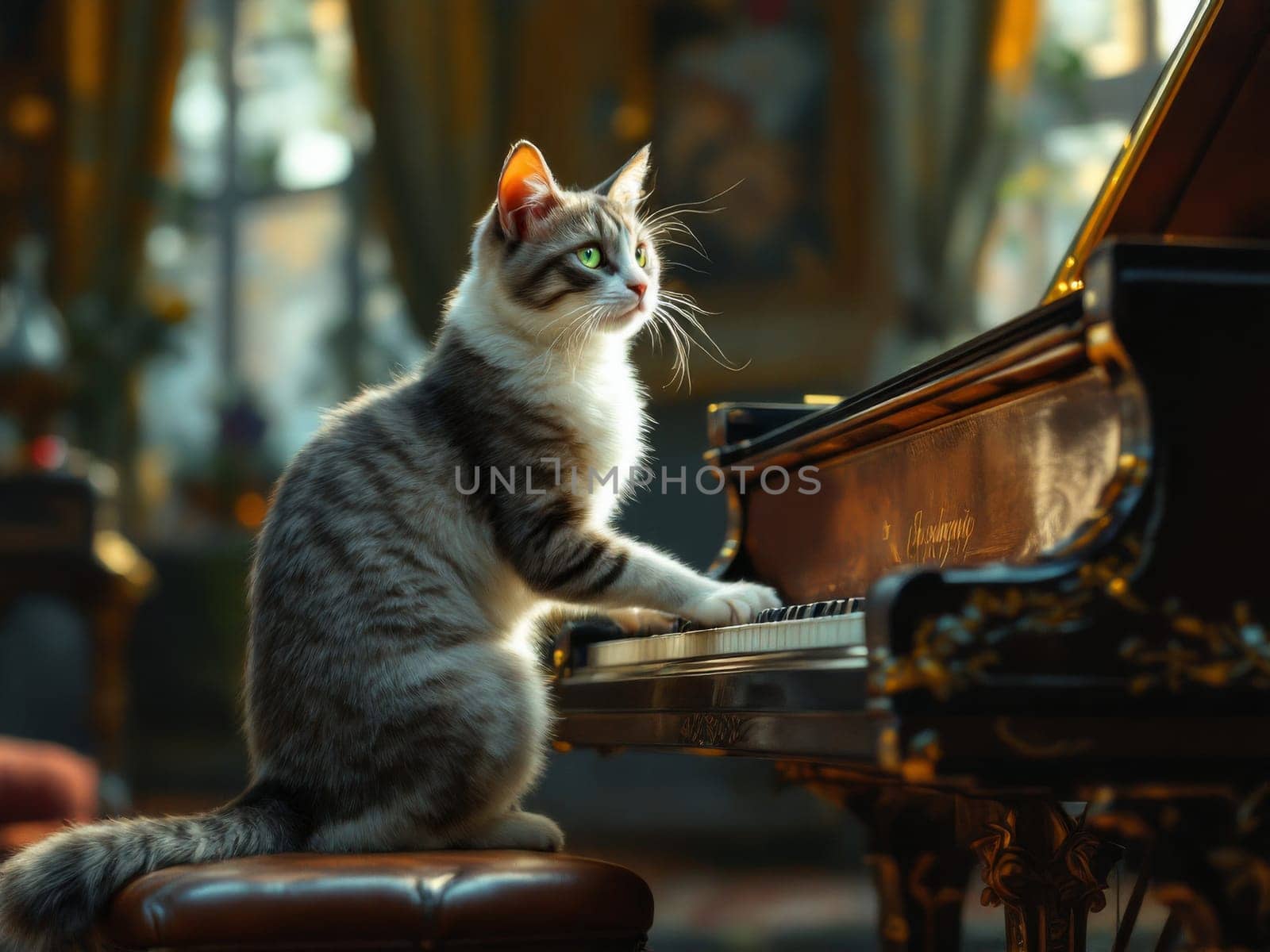 Adorable tabby cat playing a grand piano in a vintage room, creating a whimsical and artistic scene. Ai generated