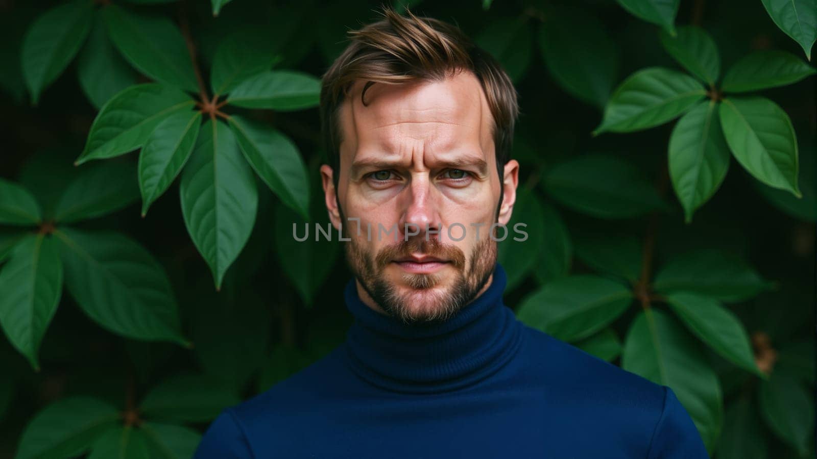 A man with a strong gaze poses confidently in a navy turtleneck, surrounded by vibrant green leaves. The interplay of light and shadow highlights his features, conveying depth and emotion.