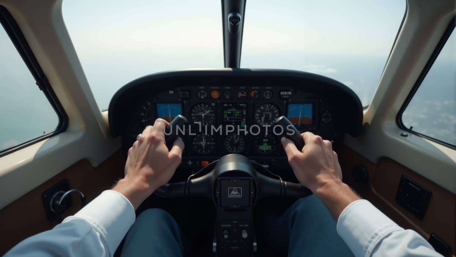 Hands firmly grip the controls as the pilot navigates through clear skies. The instrument panel glows, reflecting the thrill of flight above a breathtaking landscape.