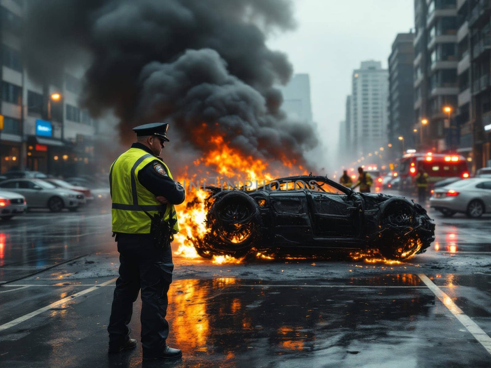 Police officer securing burning sports car during firefighters intervention on urban street. Ai generated