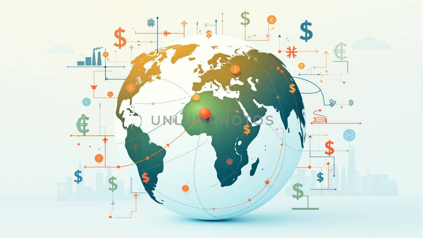 A vibrant depiction of a world map showcases financial symbols and connections across continents, emphasizing global trade, commerce, and economic interdependence in a modern setting.