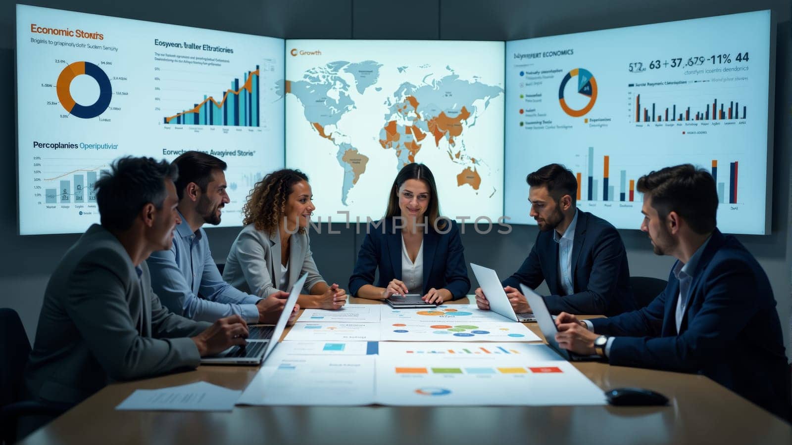 A diverse group of professionals engages in a strategic meeting, analyzing data displayed on a large interactive table. The atmosphere is focused and dynamic, with visuals illuminating the room.