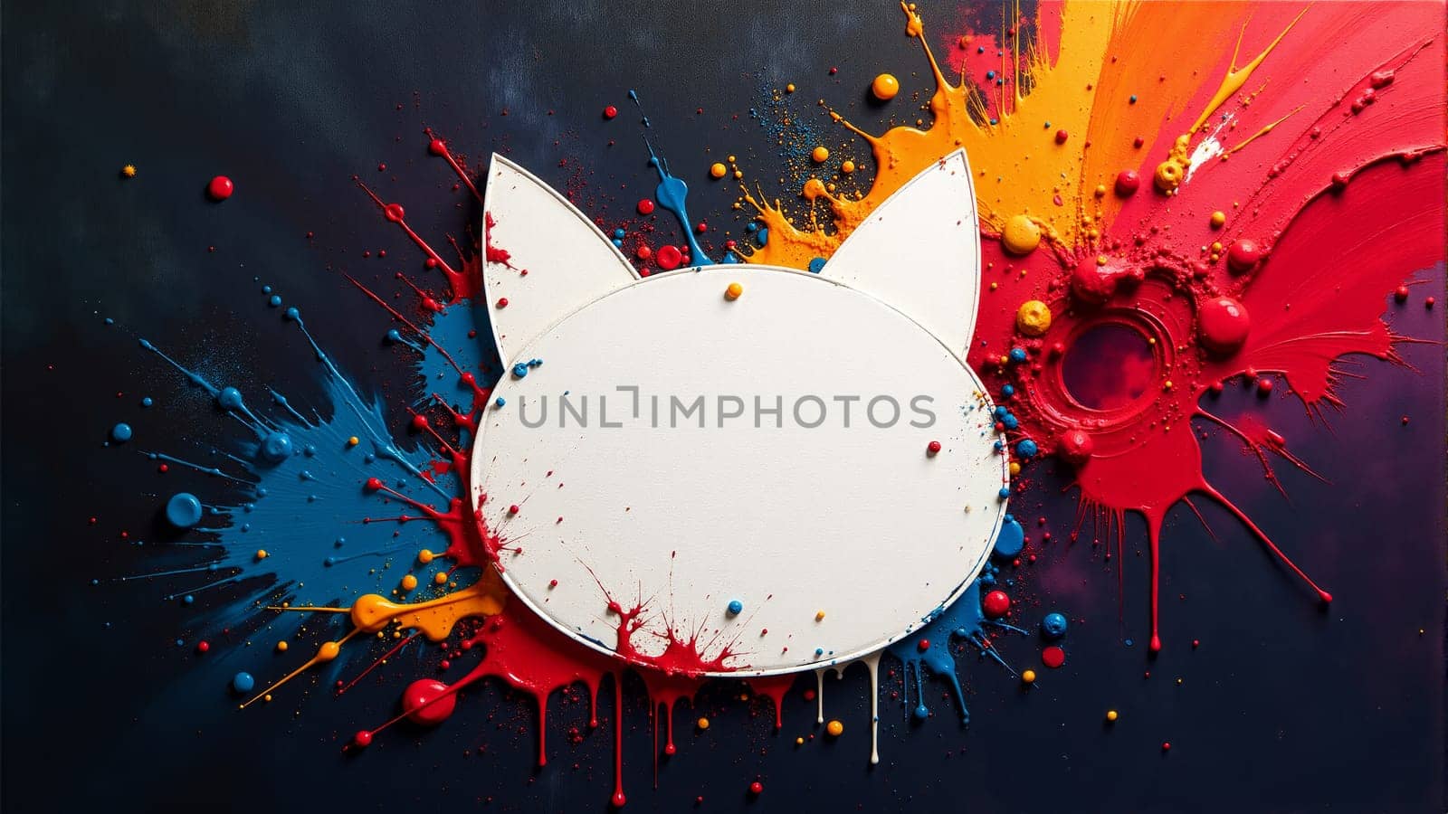 Bright colors burst around a striking white silhouette of a cat, capturing a dynamic and playful energy. The contrasting colors create a lively atmosphere that draws the eye and sparks imagination.