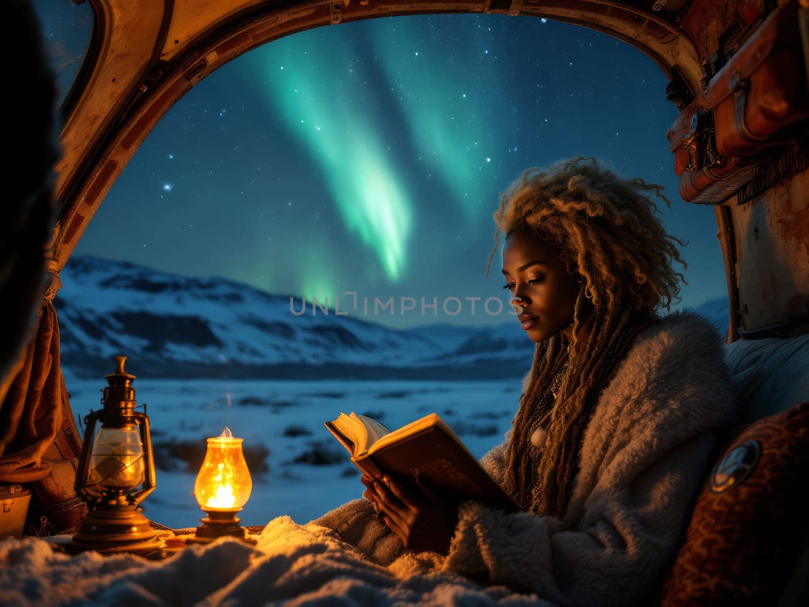 Cozy winter night spent reading a book inside a camper van under the magical Northern Lights. Ai generated