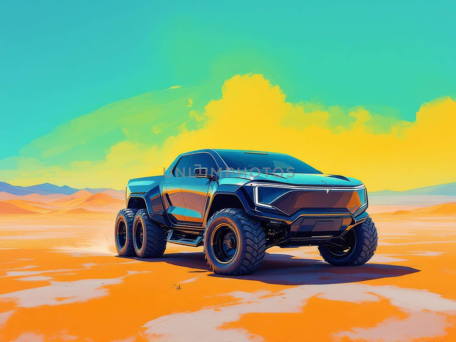 Six-wheeled Tesla Cybertruck driving on sand dunes in a stylized desert landscape with a vibrant, colorful sky. Ai generated