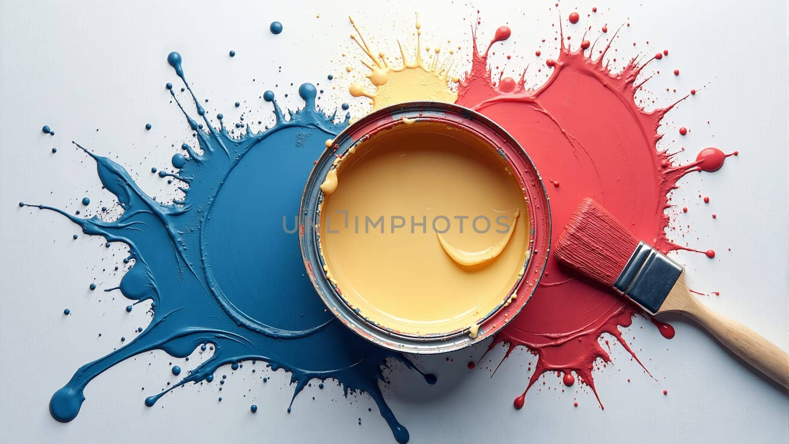 Bright coral paint pours out of an open can, creating a stunning contrast against the clean white surface. The blend of colors invites creativity and artistic expression.