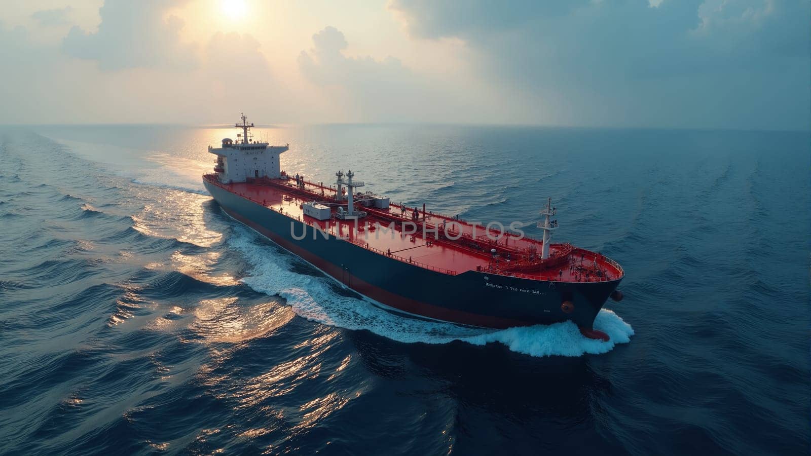 A large cargo ship sails smoothly across calm ocean waters, surrounded by soft waves as the sun sets. The colorful sky reflects on the vessel's surface, creating a serene atmosphere.