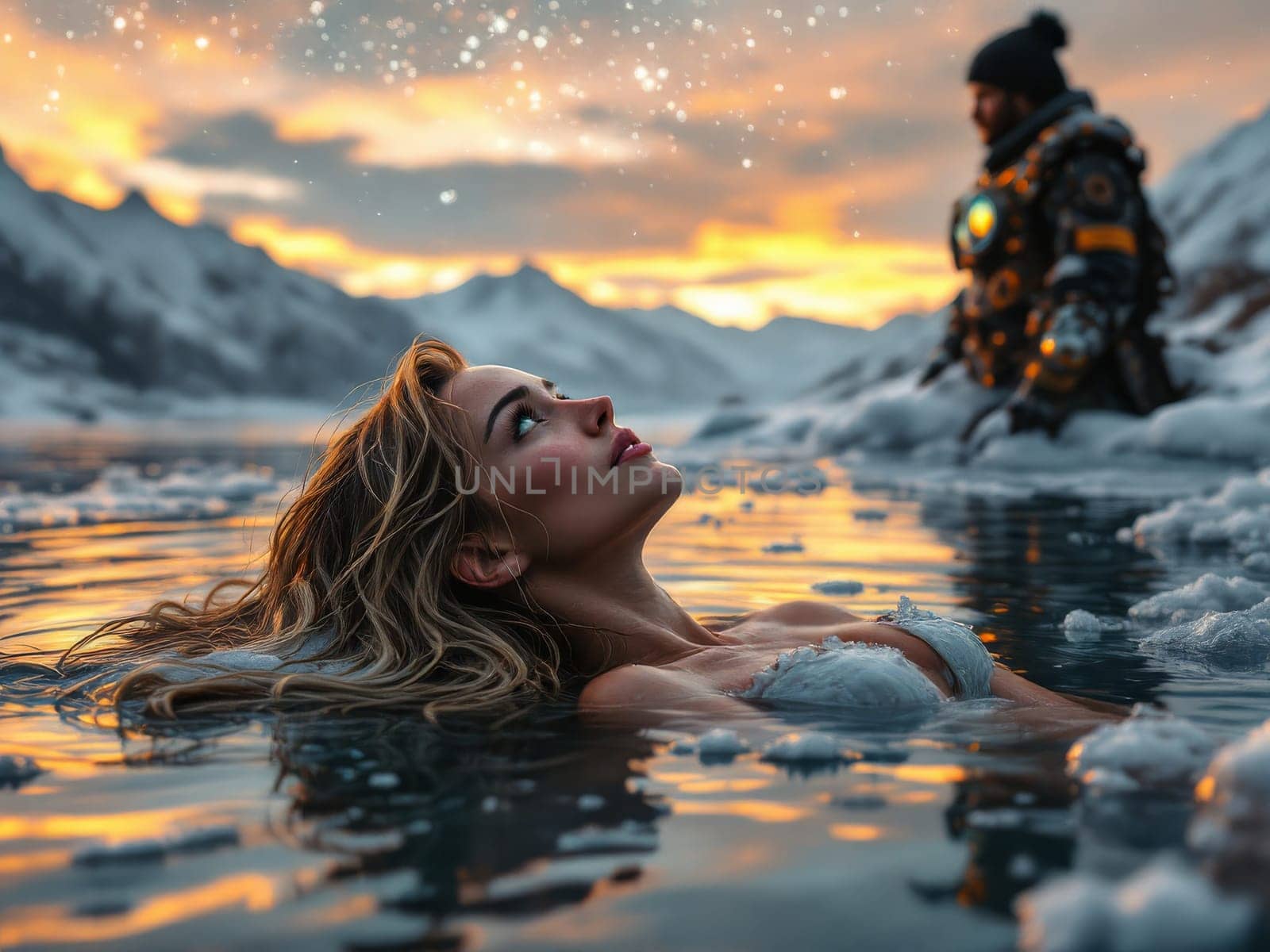 Beautiful blonde woman relaxing in a frozen lake at sunset while a space explorer watches her. Ai generated