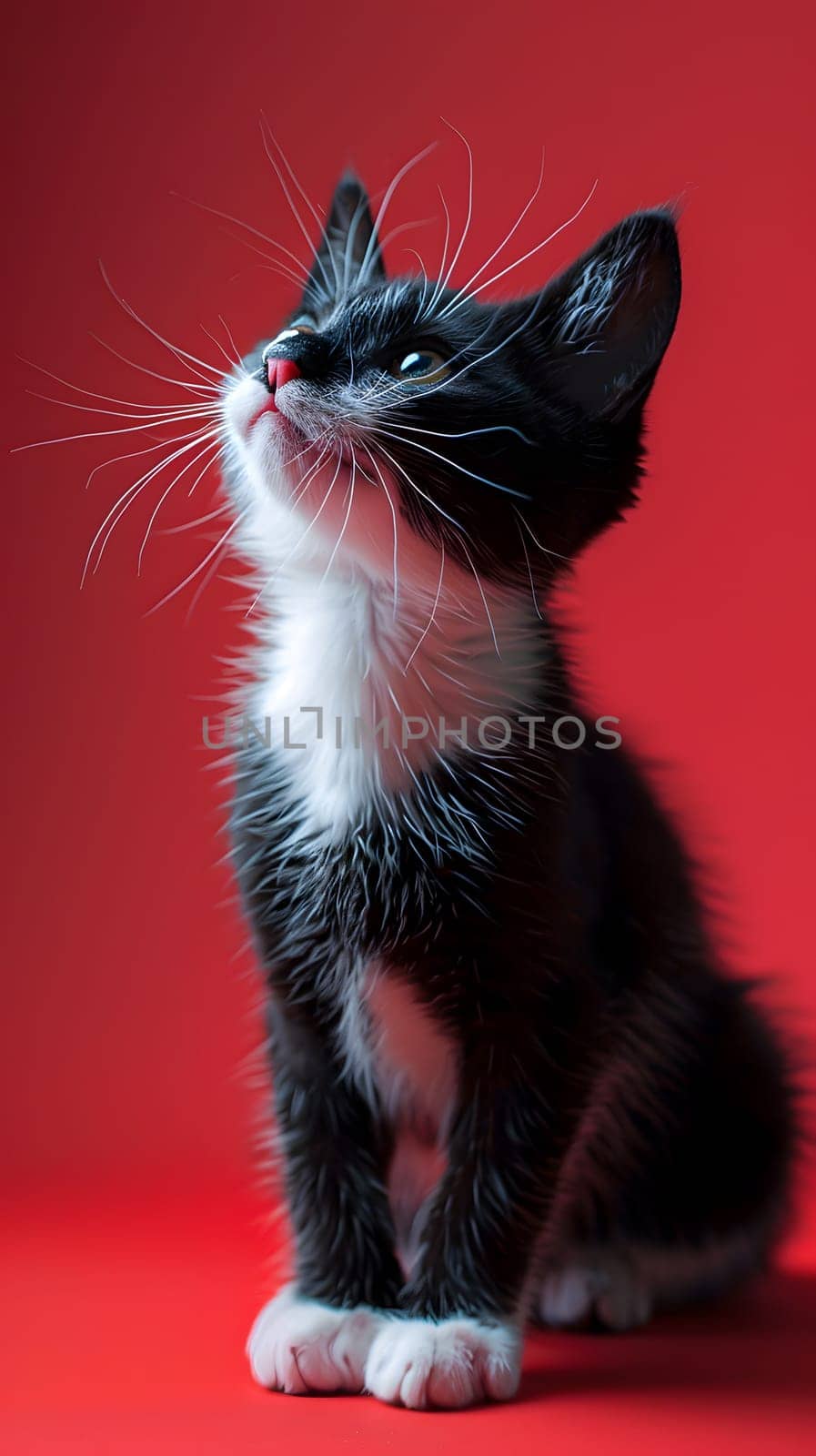 A small black and white kitten from the Felidae family is sitting on a red background by the window, gazing up with its whiskers twitching and tail wrapped neatly around its small snout