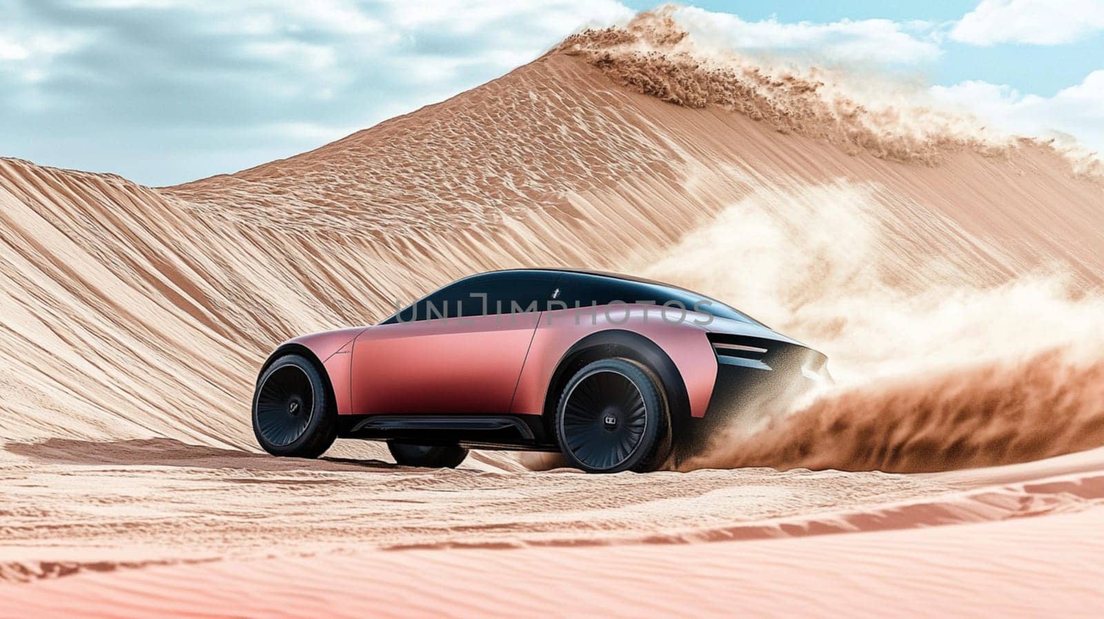 Modern suv car is kicking up dust as it speeds through a desert landscape. The car is a sleek and stylish design, with a powerful engine that allows it to handle even the toughest terrain