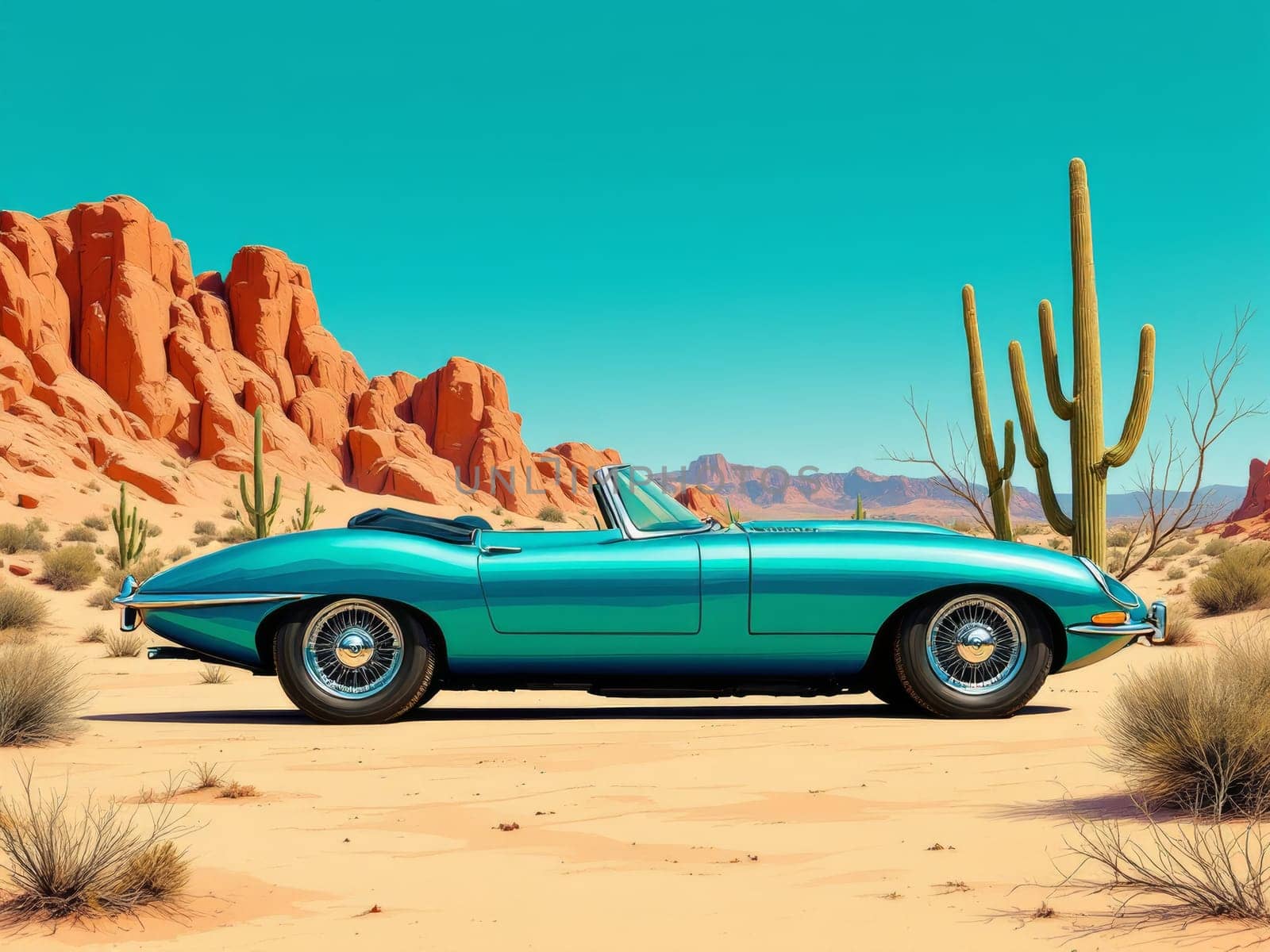 Turquoise Jaguar E-Type parked on the sand in a desert landscape with canyons and saguaro cacti, evoking adventure and luxury. Ai generated