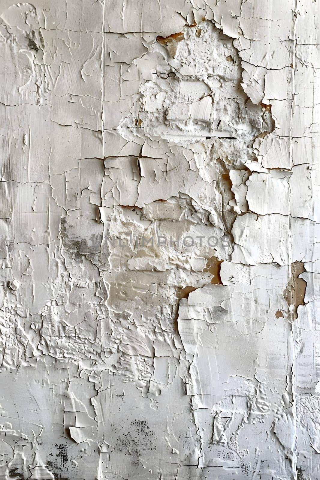 A detailed photo of a grey brick wall with chipped paint, showcasing a unique pattern of peeling layers resembling a tree trunk or plant