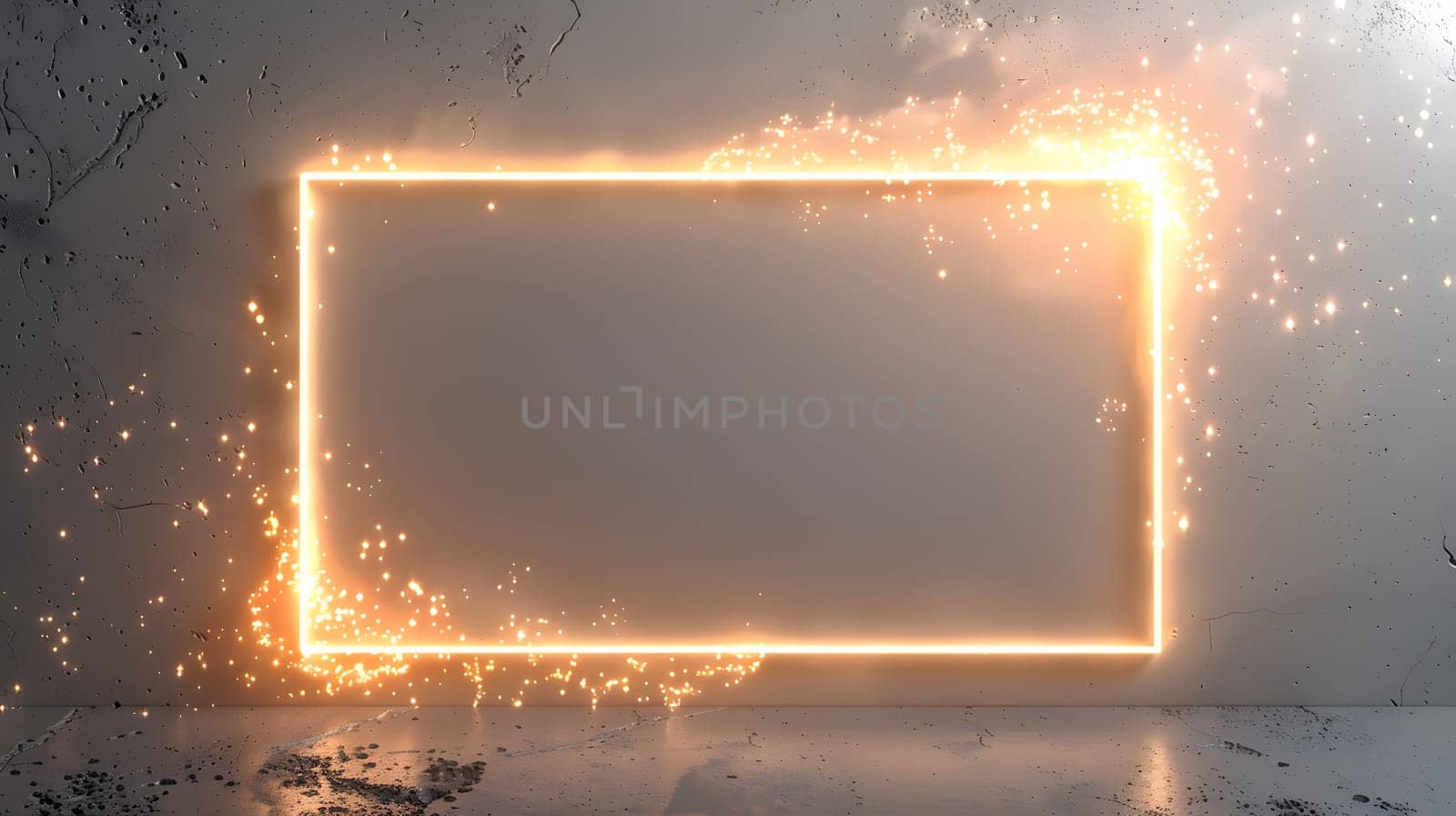 An Amber rectangle neon sign is emitting light in the dark room. Fueled by gas and electricity, it displays tints and shades, creating a unique atmosphere in the darkness