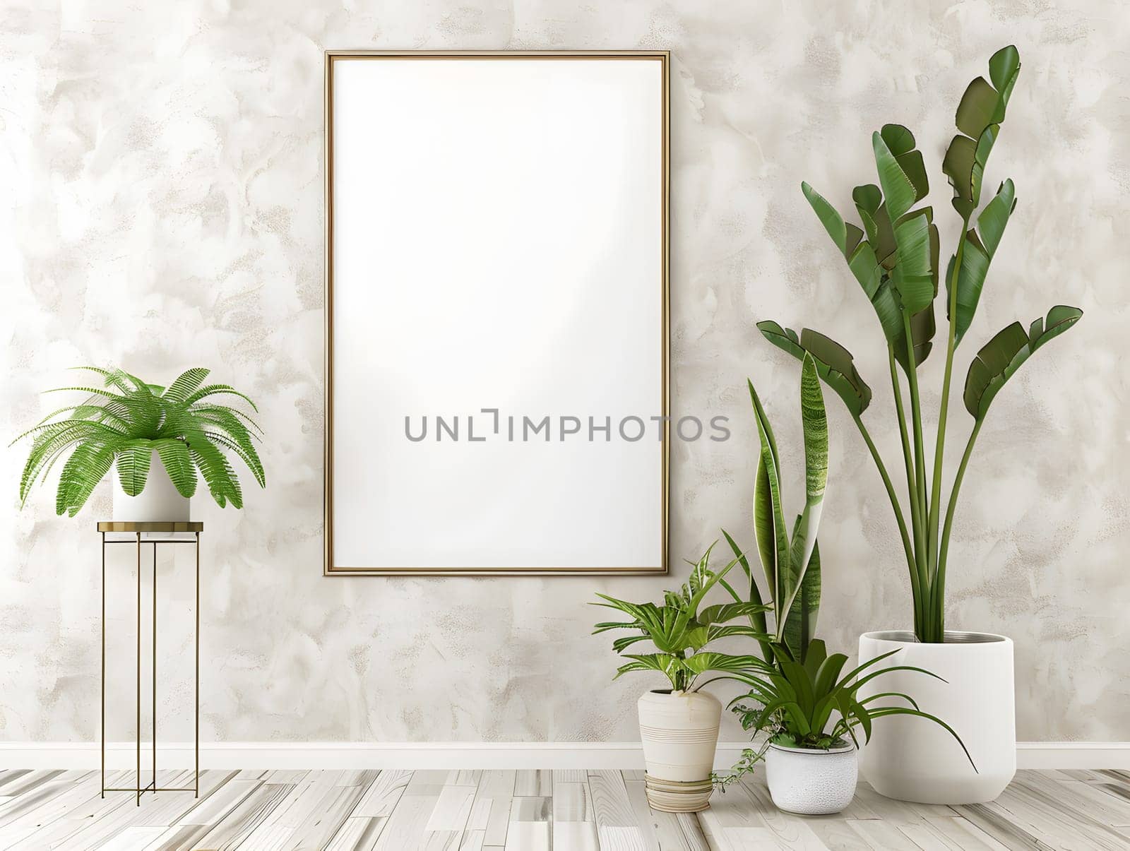An interior design featuring a room with houseplants in flowerpots, a picture frame hanging on a wall. The wooden floor complements the terrestrial plants