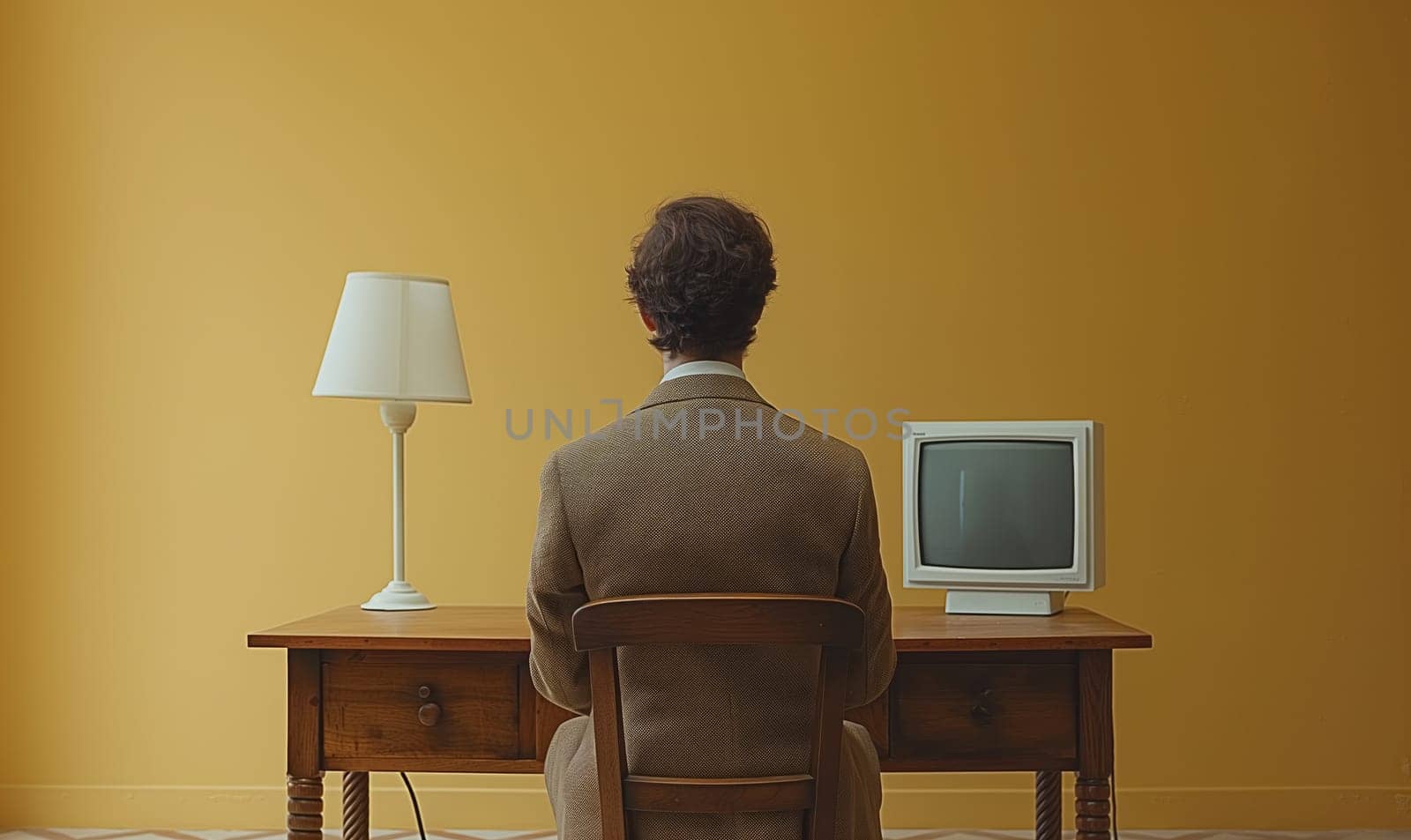 A man works on a computer, rear view. Selective focus.