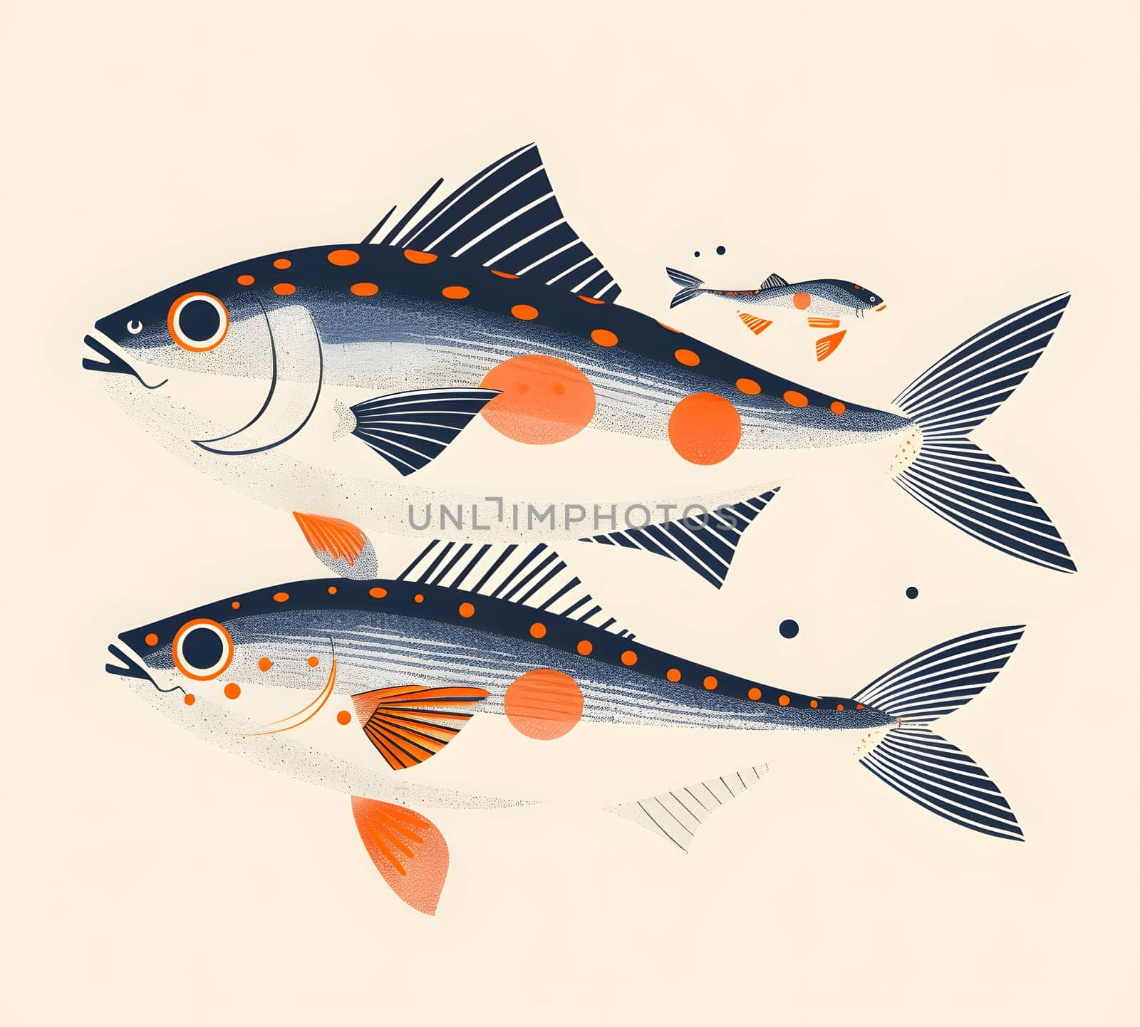 Artistic fish depiction vibrant orange spots on light background, full of life