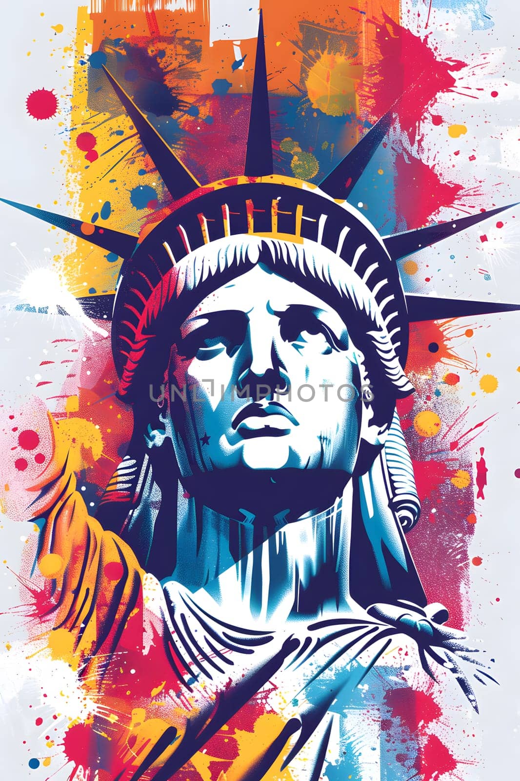 A vibrant mural of the Statue of Liberty painted with colorful art paint, capturing the iconic image with intricate details and bold strokes of the artists brush