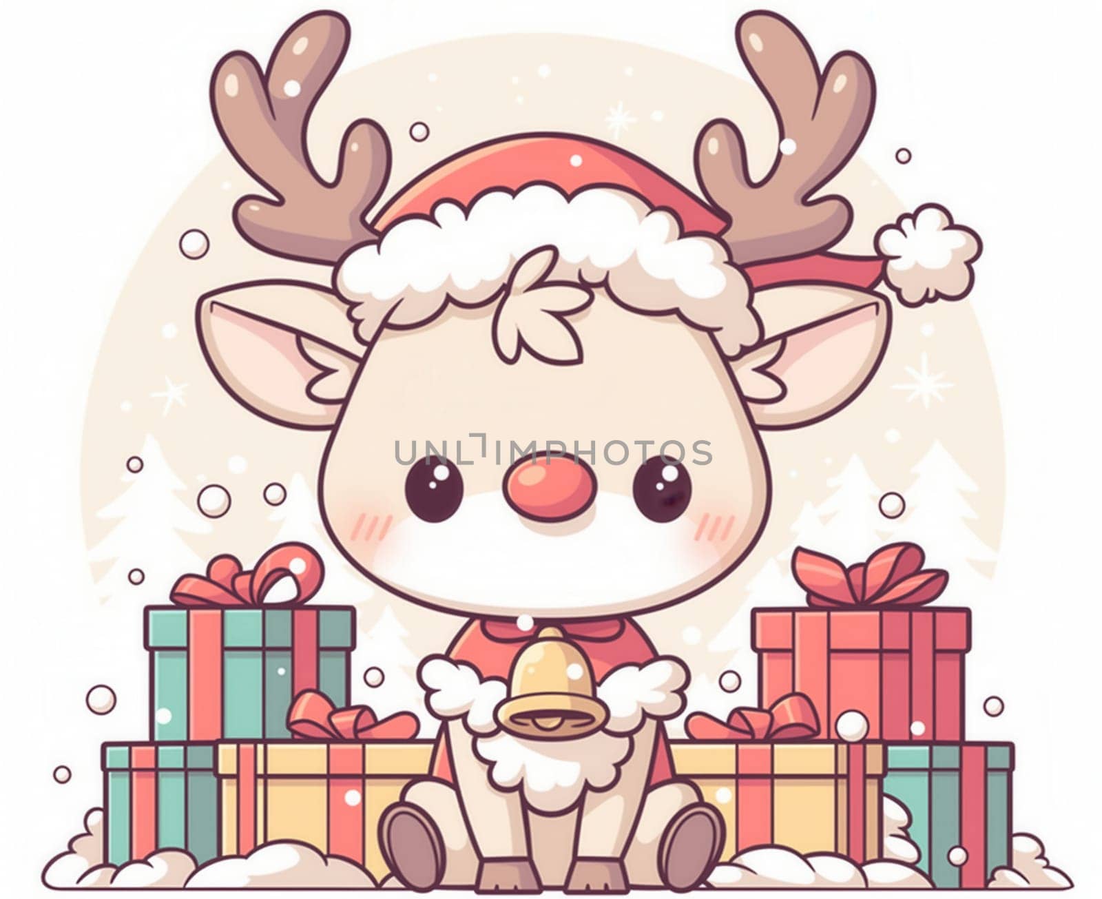 Illustration of a deer on a background of gifts. Selective focus.