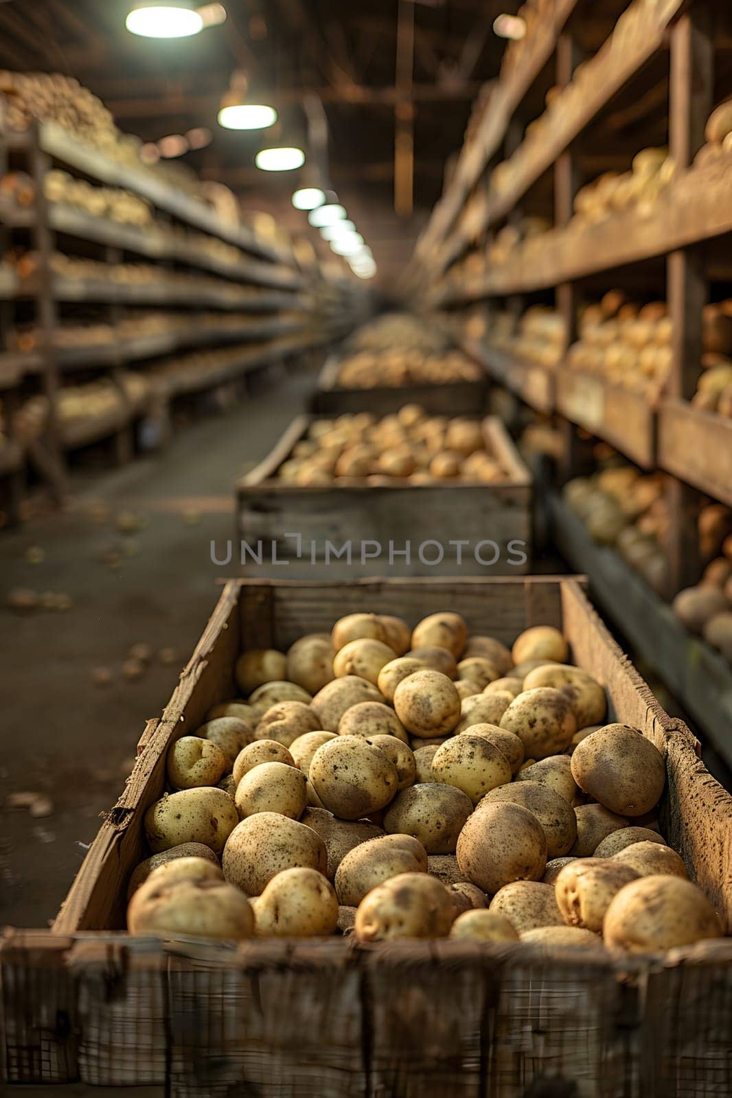 The warehouse is stocked with crates of potatoes, a staple food and natural ingredient used for mass production in the food market