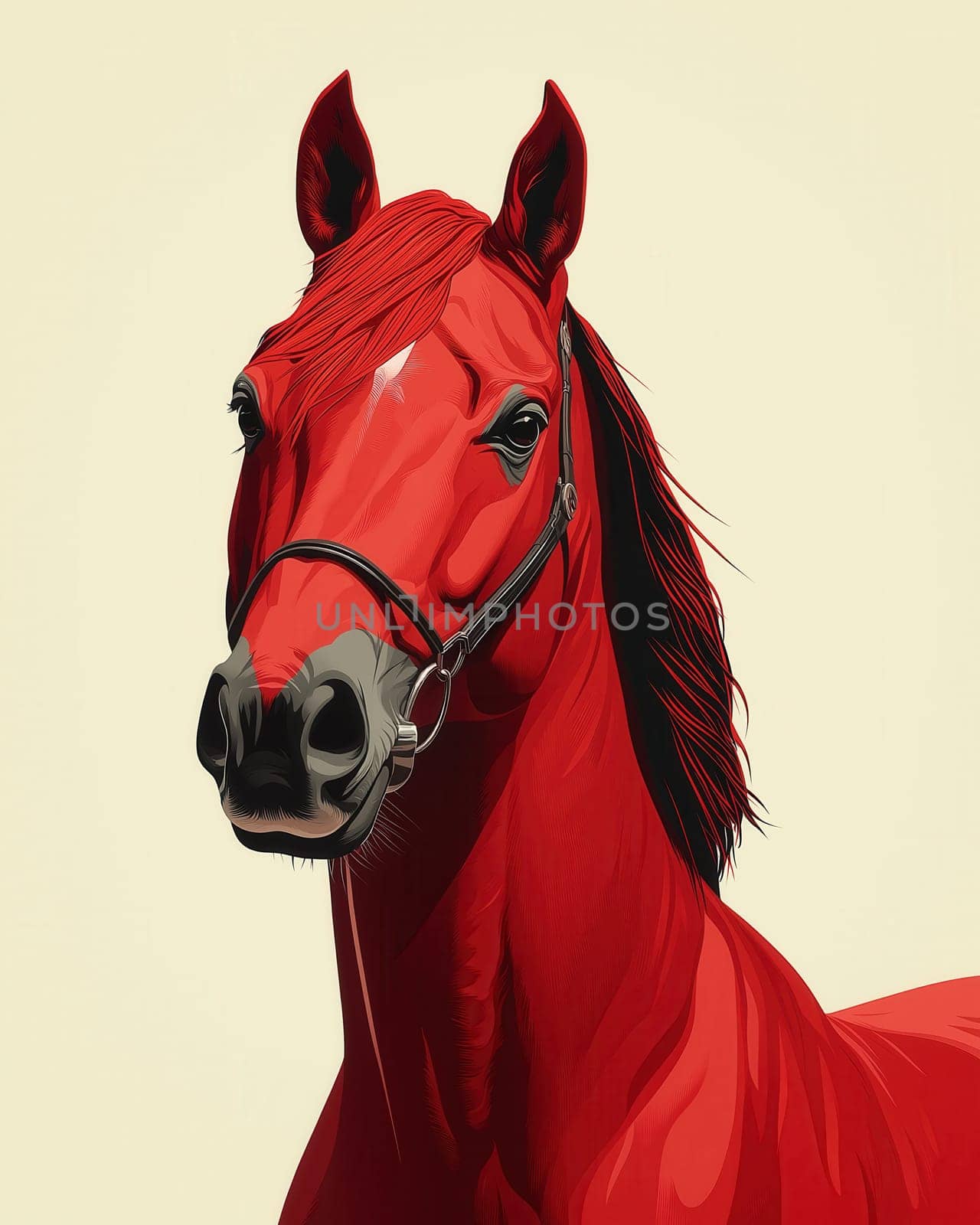 A striking red horse on a light background. Selective focus.