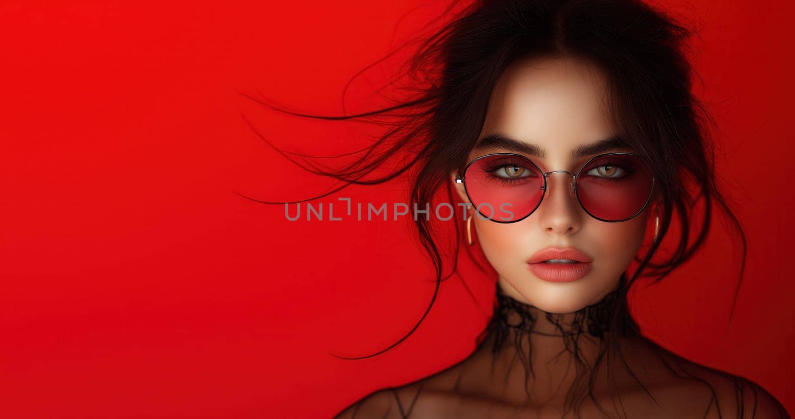 A young woman in glasses a red background. Selective focus.