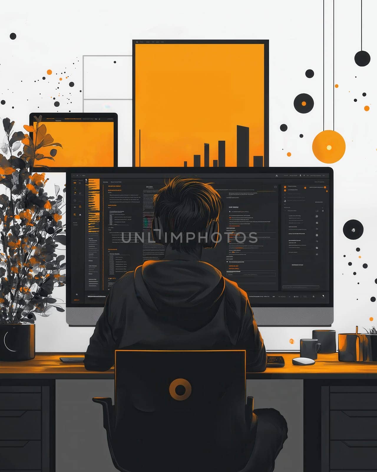 A man works on a computer, rear view. Selective focus.