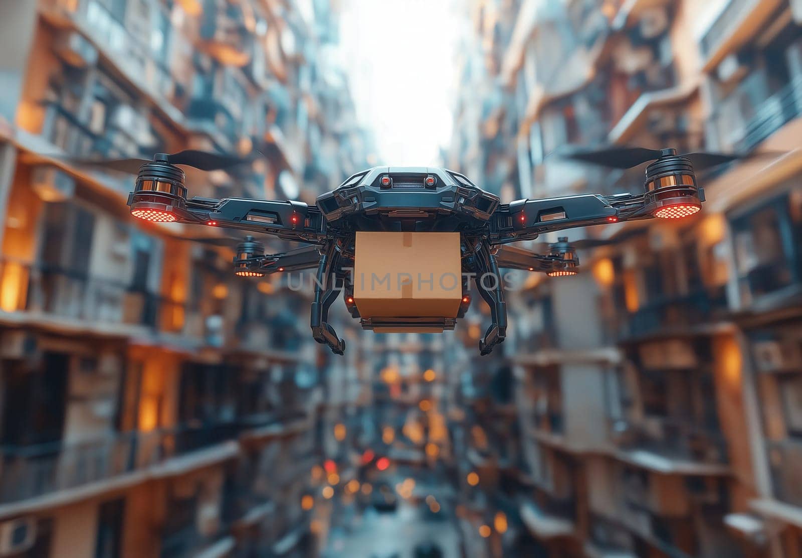 Drone delivers a parcel around the city. Delivery concept. Selective focus.