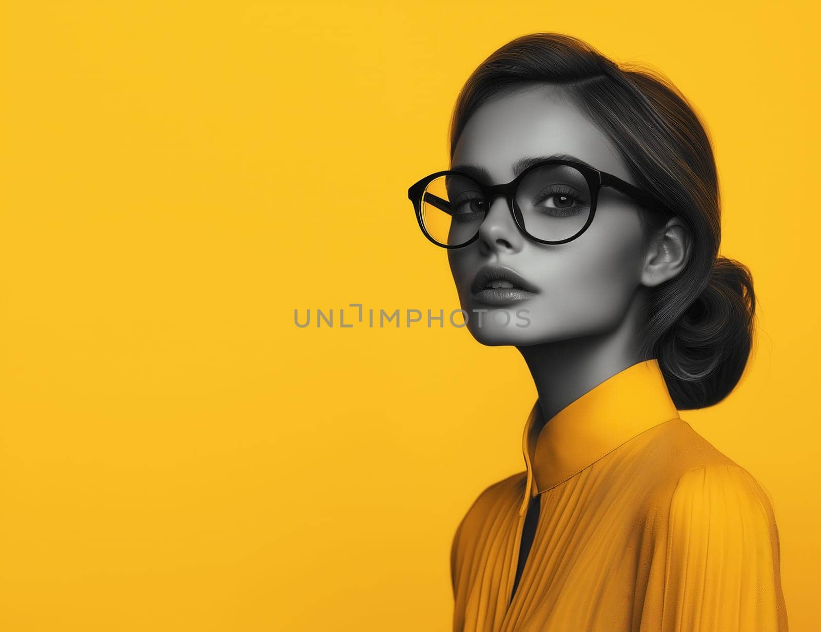 Young woman in glasses on a yellow background. Selective focus.