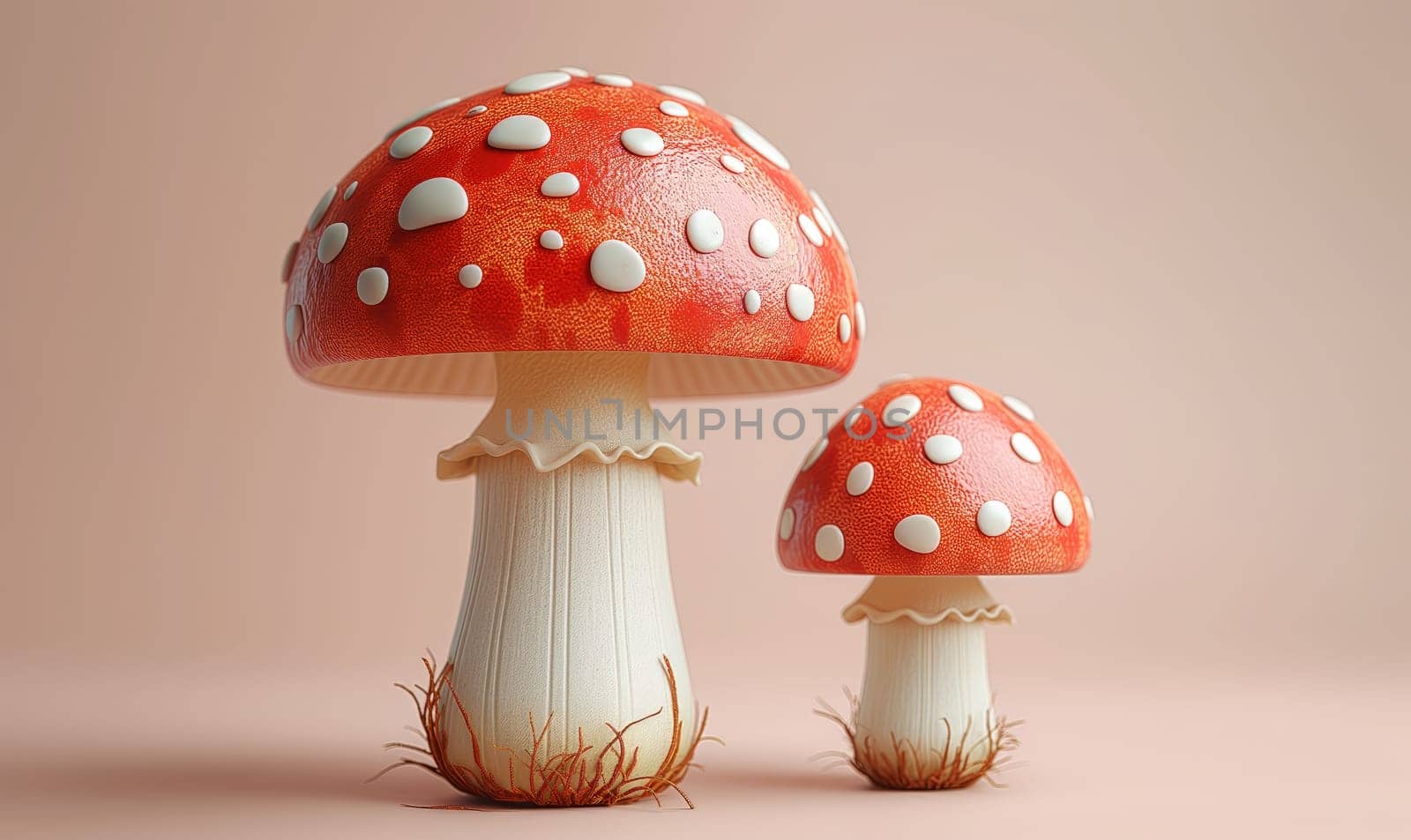 Illustration of fly agaric mushrooms on a pink background. Selective focus.