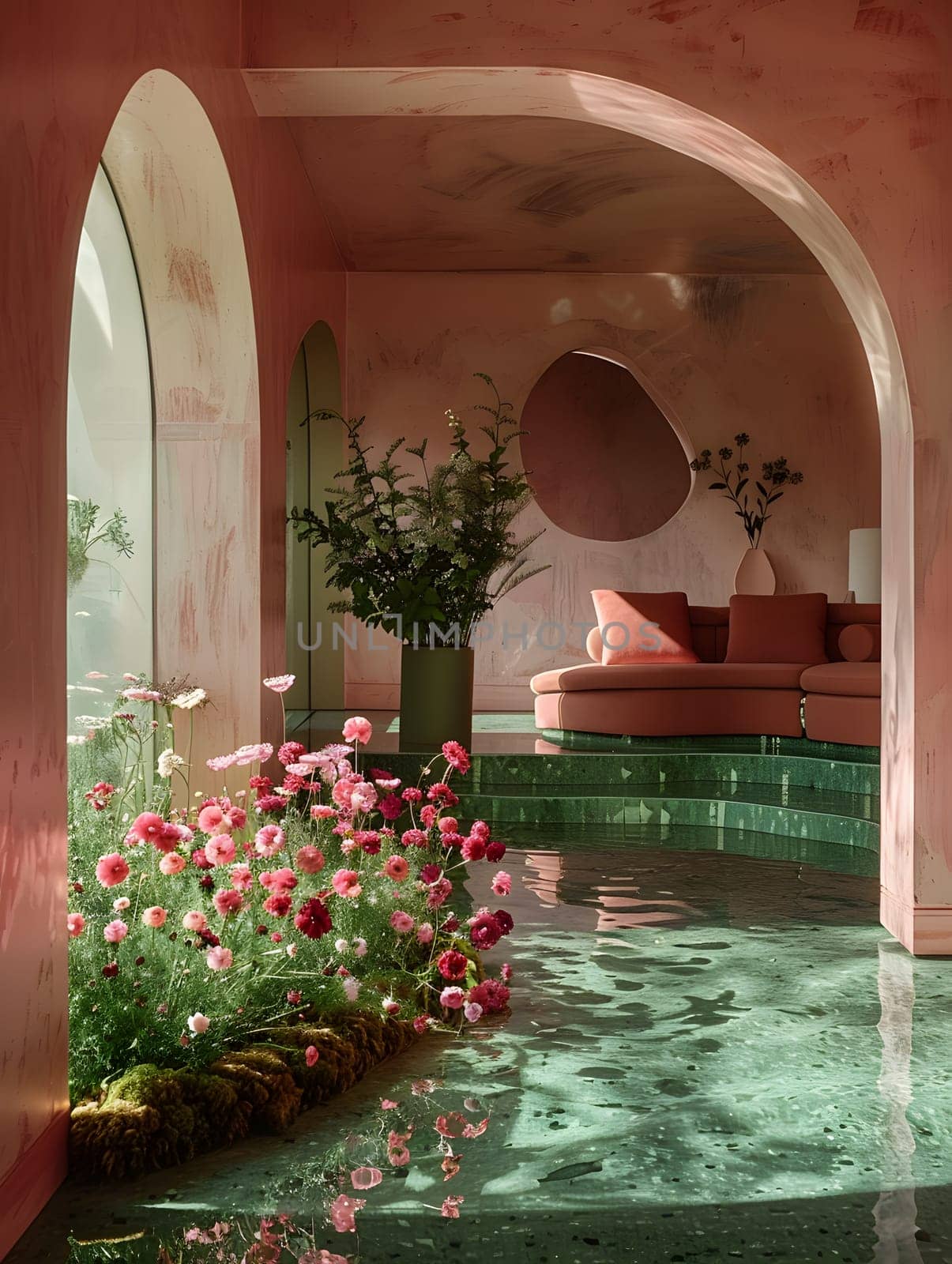 A cozy living room with a comfortable couch, beautiful flowers, and a large window overlooking a swimming pool. The interior design features plants and brick accents, creating a welcoming atmosphere