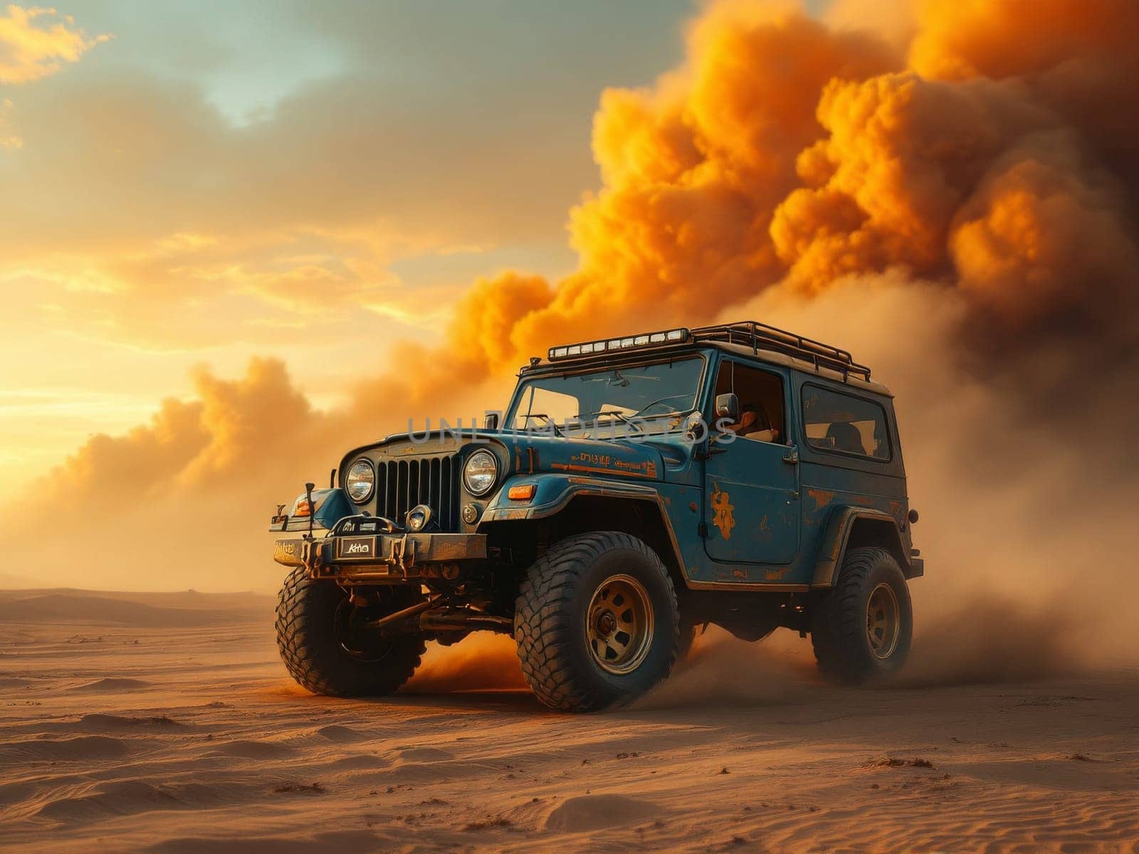 Blue jeep racing through the desert, battling a fierce sandstorm under dramatic orange clouds at sunset, embodying adventure and freedom. Ai generated