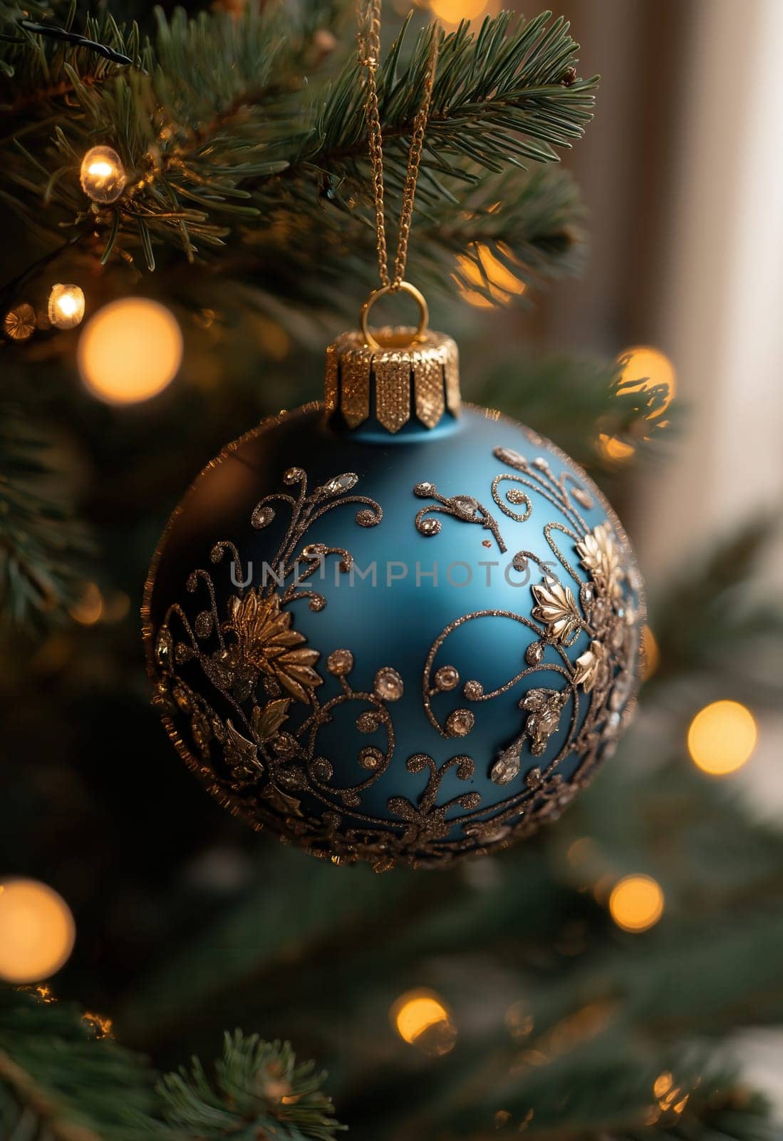 Christmas tree ball hanging on a branch of a Christmas tree. Selective focus.